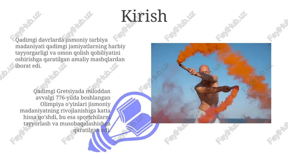 n chambarchas bog'liq edi. bu usullar nafaqat mudofaa, balki ruhiy intizomni ham rivojlantirgan. hindistonda jismoniy tarbiya qadimgi hindistonda jismoniy tarbiya yoga, jang san'ati (kalaripayattu) va nafas olish mashqlari (pranayama) kabi tizimlar orqali ruhiy va jismoniy rivojlanishga qaratilgan edi. miloddan avvalgi 6-asrda, gandharvaveda musiqasi va raqs bilan birga, jismoniy mashqlar ham qirollik ta'limining muhim qismi bo'lgan, bu esa jismoniy barkamollikni oshirgan. qadimgi forsda jismoniy tarbiya 01 02 qadimgi forsda jismoniy tarbiya harbiy mashqlarga qaratilgan boʻlib, 7 yoshdan boshlab oʻgʻil bolalar kamon otish, nayza uloqtirish va ot minishni oʻrganganlar. sales 1st qtr 2nd qtr 100 0 sales 1st qtr 2nd qtr 100 0 jismoniy madaniyatning maqsadi va ahamiyati jismoniy madaniyatning maqsadi – har bir insonning 7 asosiy harakat ko‘nikmasini rivojlantirish, 6 ta asosiy jismoniy sifatini yaxshilash va salomatligini mustahkamlashdir. jismoniy madaniyatning ahamiyati 10 ta asosiy sog‘lomlashtiruvchi vositalar orqali organizmning funksional imkoniyatlarini oshirish va 3 ta asosiy kasalliklarning oldini olishdan iborat. mashq turlari …