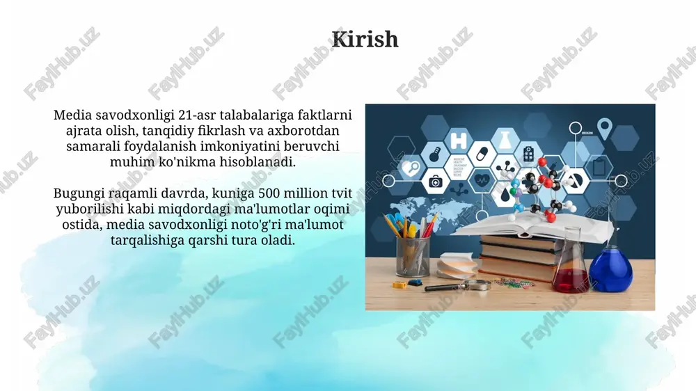 ri orqali interaktiv onlayn simulyatsiyalardan foydalanish, talabalarga real vaziyatlarni his qilishga yordam beradi. ular axborotni tanqidiy tahlil qilishni o'rgatadi. guruhli loyihalar orqali mediadagi stereotiplarni tahlil qilish va ularga qarshi chiqish, talabalarning 360 graduslik fikrlash qobiliyatini rivojlantiradi. bu, ayniqsa, 5-sinfdan boshlab foydalidir. o'qituvchilarning roli o'qituvchilar raqamli savodxonlik ko'nikmalarini rivojlantirishda 21-asr talabalari uchun media manbalariga tanqidiy yondashuvni shakllantirishda muhim rol o'ynaydi. o'qituvchilar o'quv dasturlarida media savodxonligini integratsiya qilish orqali talabalarni faktlarni noto'g'ri ma'lumotlardan ajratishga va tahliliy fikrlashga o'rgatadi. ota-onalarning roli ota-onalar farzandlarining media iste'molini erta yoshdan nazorat qilib, 2-3 soatlik ekran vaqtini belgilab, sifatli kontent tanlashga yordam berishlari zarur. ota-onalar farzandlarining media savodxonligini oshirish uchun 8-10 yoshdan boshlab media asarlarini tanqidiy tahlil qilishga o'rgatishi, faktlarni tekshirish ko'nikmasini shakllantirishi kerak. jamiyatning roli jamiyat media savodxonligini oshirish orqali noto'g'ri ma'lumot tarqalishining 30% gacha kamayishiga yordam beradi, bu esa faktlarni tekshirish tashkilotlarining rolini kuchaytiradi. fuqarolik jamiyati tashkilotlari media savodxonligi bo'yicha treninglar o'tkazish orqali aholining 45%ini …