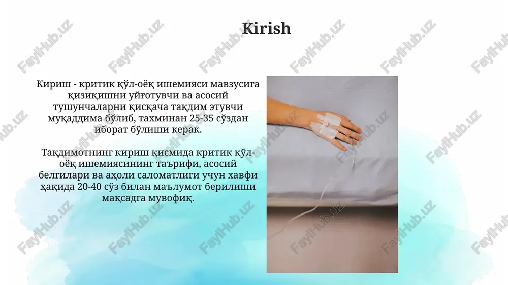 ydi. differential diagnostika neyropatiya cli dan farq qilishi kerak; nerv o'tkazuvchanligini o'rganish, elektromyografiya kabi testlar nervlarning shikastlanishini aniqlashda yordam beradi, bu qon oqimi cheklanganligi sababli og'riqqa taqlid qilishi mumkin. bemorlarda oyoq-qo'llarida sezilishi yo'qligi sababli, diabetik oyoq yaralari cli dan farq qilishi kerak. to'piq-bilak indeksi (abi) 0,9 dan yuqori bo'lishi mumkin bo'lsa-da, barmoq bosimi muhim ahamiyatga ega. davolash maqsadlari asosiy maqsad - oyoq-qo'llarni saqlab qolish, amputatsiya ehtiyojini kamaytirish orqali bemorning hayot sifatini yaxshilash, ayniqsa fontaine bosqichi iii va iv kasalliklarida. og'riqni kamaytirish, ayniqsa dam olish davridagi og'riqni, shuningdek, narkotik moddalarga bo'lgan ehtiyojni kamaytirish, 50-75% ga samarali og'riqni boshqarishga erishish muhim. konservativ davolash konservativ davolash qon tomirlarini kengaytirish, qonni suyultirish va og'riqni kamaytirishga qaratilgan; masalan, pentoksifillin 400 mg dan kuniga 3 marta qon aylanishini yaxshilash uchun ishlatiladi. qon bosimi, xolesterin va qandli diabetni nazorat qilish muhim; qandli diabetda hba1c darajasi 7% dan past bo'lishi tavsiya etiladi, bu mikro va makrovaskulyar asoratlarni oldini …