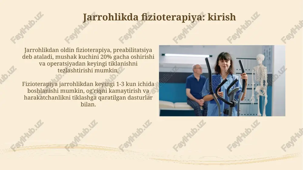 kuchini tiklashga yordam beradi. torakal jarrohlikda fizioterapiya torakal jarrohlikdan so'ng erta fizioterapiya 1-kundan boshlab nafas olish mashqlari va yo'talni nazorat qilishni o'z ichiga oladi, bu o'pka asoratlarini 30% gacha kamaytirishi mumkin. fizioterapevtlar ko'krak qafasi harakatchanligini tiklash uchun qo'lda terapiya usullarini qo'llaydilar, bu esa operatsiyadan keyin 6-8 hafta ichida bemorning funksional qobiliyatini oshiradi. pediatrik jarrohlikda fizioterapiya pediatrik jarrohlikdan so'ng fizioterapiya nafas olish mashqlari orqali o'pka funktsiyasini yaxshilaydi, ayniqsa torakotomiya yoki qorin bo'shlig'i operatsiyalaridan keyin, 1-2 hafta davomida shifo jarayonini tezlashtiradi. fizioterapiya tug'ma qiyshaygan bo'yin (tortikollis) kabi holatlarda jarrohlikdan oldin va keyin qo'llaniladi, bunda ertalabki mashqlar va pozitsiyalash orqali mushaklar muvozanatini tiklashga 3-4 oy ichida erishiladi. geriatrik jarrohlikda fizioterapiya geriatrik jarrohlikdan so'ng fizioterapiya nafaqat tiklanishni tezlashtiradi, balki komorbidliklar tufayli yuzaga keladigan 30-40% asoratlarni kamaytirishga yordam beradi. keksa bemorlarda jarrohlikdan keyingi fizioterapiya, ayniqsa, 65 yoshdan oshganlar uchun, harakatchanlikni saqlashda 2-3 barobar muhim rol o'ynaydi. asoratlar va ularni fizioterapiya bilan boshqarish osteoartritni fizioterapiya bilan …