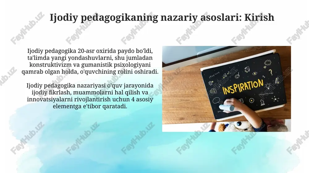 maqsad, rejalar, sharoitlar va monitoringni qanday integratsiyalashni o'rganishga yordam beradi. ijodiy pedagogikani baholash ijodiy pedagogikani baholashda o'quvchilarning 4 ta asosiy ko'nikmasi: tanqidiy fikrlash, muammolarni hal etish, hamkorlik va kommunikatsiya qobiliyatlariga e'tibor qaratiladi. baholash jarayonida '360 daraja' usuli qo'llaniladi, bu o'quvchilarning o'z-o'zini baholashi, tengdoshlari va o'qituvchilarning fikrlarini inobatga oladi. xulosa va kelajakdagi yo'nalishlar kelajakdagi tadqiqotlar 21-asr ko'nikmalari, shu jumladan, ijodiy fikrlashni rivojlantirishning innovatsion usullarini o'rganishi kerak, bu esa 4.0 sanoatida muhim rol o'ynaydi. nazariy asoslarni amaliyotga tatbiq etishda, o'qituvchilar uchun maxsus treninglar dasturlari, 3 bosqichli model asosida (tushunish, qo'llash, baholash) ishlab chiqilishi lozim. e'tiboringiz uchun rahmat image3.jpg image4.jpg image5.jpg image6.jpg image7.jpg image8.jpg image9.jpg image10.jpg image11.jpg image12.jpg image13.jpg image14.jpg image1.png