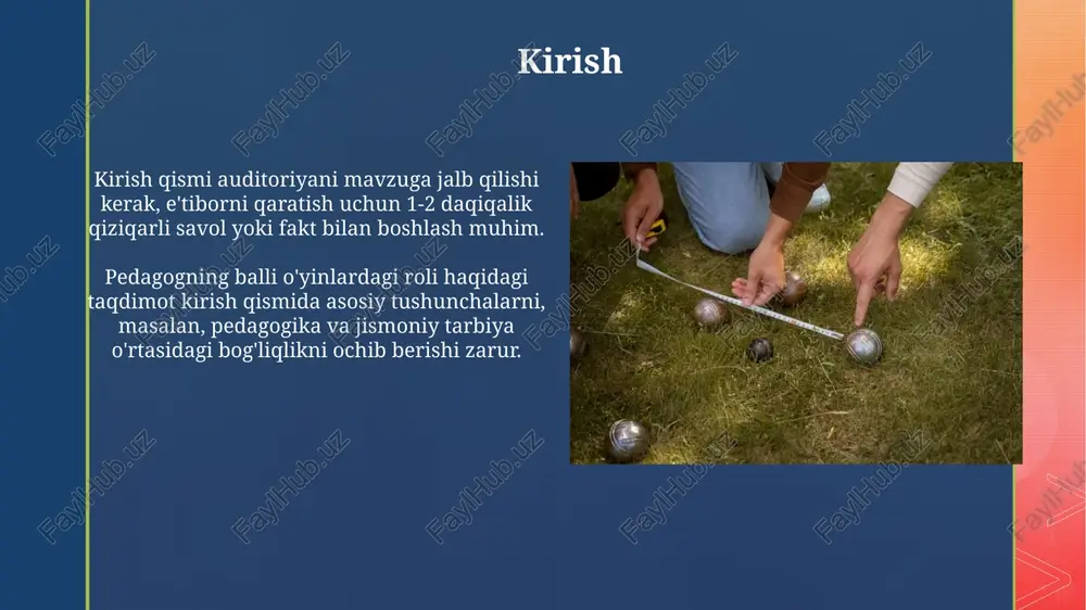 anadi: shakllanish, bo'ron, normallashtirish, bajarish va yakunlash, har biri o'ziga xos vazifalarga ega. muammolarni hal qilish qobiliyatini oshirish balli o'yinlarda, pedagog vaziyatni tahlil qilishga o'rgatadi, 3 bosqichli yechim topish usulini qo'llab, o'quvchilarning 5 asosiy muammo hal qilish ko'nikmasini rivojlantiradi. pedagog o'quvchilarni rag'batlantirib, 7 turdagi savollarni berish orqali ularning muammolarni hal qilish qobiliyatini oshiradi, shuningdek, 4 ta guruhda fikrlashni rivojlantiradi. baholash va fikr-mulohaza berish "baholash va fikr-mulohaza berish" o'qituvchiga o'quvchilarning individual rivojlanishini kuzatish va har bir o'yinchi uchun 1-dan 5-gacha ball bilan aniq baholash mezonlarini yaratishga yordam beradi. fikr-mulohazalar o'yin davomida yoki undan keyin berilishi mumkin, bunda 70% ijobiy va 30% tanqidiy bo'lishi kerak, bu esa o'quvchilarning motivatsiyasini oshiradi va ularning 2-darajali mahoratini yaxshilaydi. inklusivlikni ta'minlash inklusivlikni ta'minlash uchun pedagoglar har bir bolaning 100% qobiliyatini baholashi, o'yin qoidalarini moslashtirishi va 90% hollarda individual yordam ko'rsatishi zarur. pedagoglar inklyuzivlikni rag'batlantirish uchun 75% holatda ijtimoiy o'zaro ta'sirlarni faollashtirishi, 25% holatda esa bolalarning qiziqishlariga …