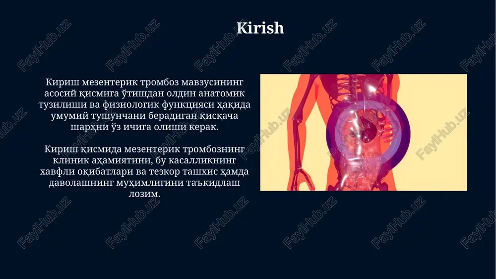 ishemiya bilan bog'liq asoratlar orasida, qorin bo'shlig'i sepsis eng xavflisidir, chunki u 50% dan ortiq o'lim bilan bog'liq bo'lishi mumkin. prognoz prognoz - bu mezenterial trombozdan so'ng omon qolish ehtimolini baholash uchun ishlatiladigan muhim omil, agar o'z vaqtida davolanmasa, o'lim darajasi 70-90% gacha yetishi mumkin. prognoz ishemik zararning qaytarilmas darajasiga bog'liq; 4-6 soat ichida rekanalizatsiya o'lim darajasini sezilarli darajada kamaytirishi mumkin, lekin kechiktirilganda prognoz yomonlashadi. e'tiboringiz uchun rahmat image5.png image6.jpg image7.jpg image8.jpg image9.jpg image10.jpg image11.jpg image12.jpg image13.jpg image14.jpg image15.jpg image16.jpg image4.jpeg