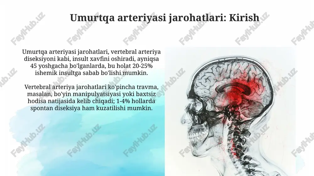 hga yordam beradi. bu invaziv bo'lmagan usul hisoblanadi. kompyuter tomografiyasi angiografiyasi (kta) suyak tuzilmalari va qon tomirlarining 3d tasvirini yaratib, vertebral arteriyaning shikastlanishini aniq ko'rsatib beradi. angiografiya va uning roli angiografiya erta bosqichlarda qon tomir anomaliyalarini, masalan, avm, aneurizmalar va aterosklerotik torayishlarni aniqlashda muhim rol o'ynaydi, bu esa o'z vaqtida davolashni ta'minlaydi. angiografiya transkateter embolizatsiya, stentlash kabi minimal invaziv terapevtik aralashuvlarni yo'naltirishda muhim ahamiyatga ega bo'lib, bemorlarning klinik natijalarini yaxshilaydi. umurtqa arteriyasi jarohatlarini davolash usullari endovaskulyar davolash usullari, masalan, stentlash, arteriyaning shikastlangan qismiga endovaskulyar yo'l bilan stent qo'yishni o'z ichiga oladi, bu qon oqimini tiklaydi. jarrohlik aralashuvi, ochiq jarrohlik usullari bilan arteriyani tiklash yoki rekonstruksiya qilishni talab qilishi mumkin, ayniqsa, katta shikastlanishlar yoki endovaskulyar muvaffaqiyatsizliklar bo'lganda. konservativ davolash konservativ davolash antikoagulyantlar (masalan, geparin yoki varfarin) bilan qon quyqalari hosil bo'lishining oldini olishni o'z ichiga oladi, tromboembolik asoratlarni 5-10% gacha kamaytiradi. vertebral arteriya shikastlanishida konservativ davo qon bosimini nazorat qilishni talab …
