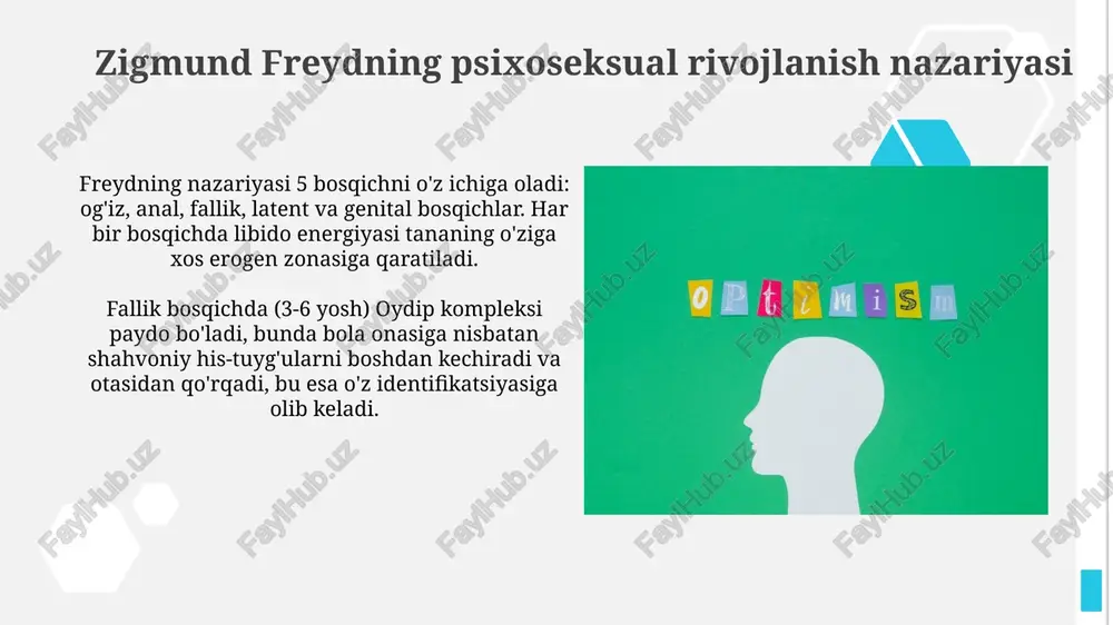 lari mumkin, bu esa avtonomiyani cheklaydi. tashabbusga qarshi aybdorlik "tashabbusga qarshi aybdorlik" erik eriksonning psixososyal rivojlanish nazariyasining 3-bosqichi bo'lib, 3 yoshdan 5 yoshgacha bo'lgan davrni qamrab oladi, bolalar o'z faoliyatlarini boshlash va rejalashtirishga intiladi. agar bolalar o'z tashabbuslarida muvaffaqiyatsizlikka uchrasa yoki tanqid qilinsa, "tashabbusga qarshi aybdorlik" kompleksi yuzaga kelishi mumkin, bu ularning qobiliyatlariga ishonchsizlik va o'zini past baholashga olib keladi. mehnatsevarlikka qarshi past baho mehnatsevarlikka qarshi past baho eriksonning to'rtinchi bosqichi bo'lib, unda 6-12 yoshdagi bolalar vazifalarni bajarishda muvaffaqiyatsizlikdan qo'rqib, o'zini past baholashi mumkin. bu bosqichda doimiy tanqid bolada 0 dan 100 gacha bo'lgan shkala bo'yicha o'z qobiliyatiga ishonchsizlikni shakllantirishi mumkin, shu sababli unda mehnatsevarlikka qarshi past baho paydo bo'ladi. e'tiboringiz uchun rahmat image1.png image2.jpg image3.jpg image4.jpg image5.jpg image6.jpg image7.jpg image8.jpg image9.jpg image10.jpg image11.jpg image12.jpg image13.jpg