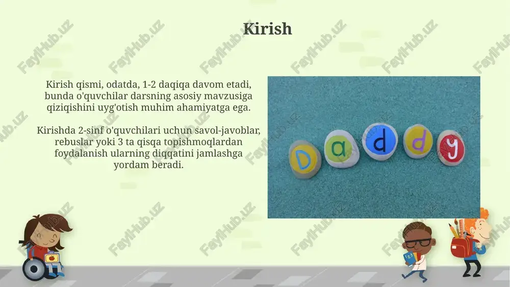 ngi harfni aniqlashga yordam beradi, bu esa ularning vizual xotirasini mustahkamlaydi va harflarni tanishini tezlashtiradi. xulosa “xulosa” darsning asosiy g'oyalarini 3-4 gapda jamlaydi, o'quvchilar tushunchalarini mustahkamlaydi va xotirada saqlashga yordam beradi. xulosada o'rganilgan mavzuning eng muhim 2 ta jihati ta'kidlanadi, darsning maqsadi va vazifalari yoritiladi. e'tiboringiz uchun rahmat image7.jpg image8.jpg image9.jpg image10.jpg image11.jpg image12.jpg image13.jpg image14.jpg image15.jpg image16.jpg image17.jpg image18.jpg image5.png
