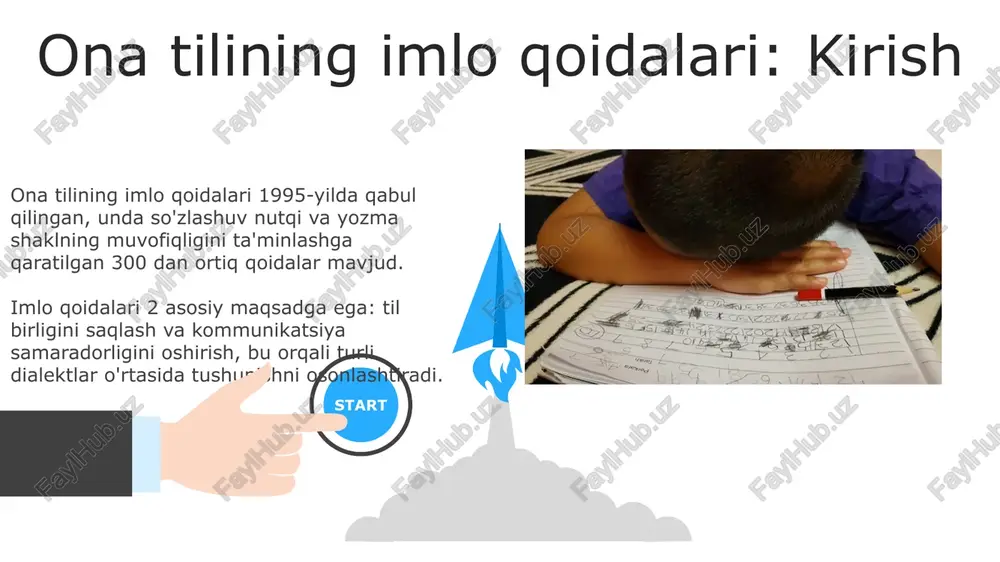 uzatishda onlayn lug'atlar va 4 turdagi tekshiruv dasturlaridan foydalanish, ularning qulayliklari va kamchiliklarini tushuntirish, shuningdek, 5 daqiqalik tahrir qilish mashqlarini qo'llash lozim. 06 05 04 imlo savodxonligini oshirish bo'yicha tavsiyalar 01 02 o'zbek tilida "o'zlashma so'zlar" qoidalarini 80% o'zlashtirish uchun, lug'atdan 30 daqiqa davomida 15 ta so'zni o'rganish tavsiya etiladi. "unlilar uyg'unligi" qoidasini mustahkamlash uchun, 50 ta so'zdan iborat diktant yozish va xatolarni tuzatish orqali 95% aniqlikka erishish mumkin. xulosa va keyingi qadamlar o'quvchilarning 85-90%i imlo qoidalarini tushungach, keyingi bosqichda murakkabroq testlarni joriy etish va 2-3 ta yangi mavzuni qo'shish rejalashtirilmoqda. xulosada, 3 oylik dastur davomida imlo savodxonligi 60%dan 75%ga ko'tarildi. keyingi qadam sifatida, 10-15% muvaffaqiyatsiz o'quvchilar uchun qo'shimcha mashg'ulotlar tashkil etiladi. e'tiboringiz uchun rahmat image6.jpg image7.jpg image8.jpg image9.jpg image10.jpg image11.jpg image12.jpg image13.jpg image14.jpg image15.jpg image16.jpg image17.jpg image1.jpeg image2.jpeg image3.jpeg image4.jpeg