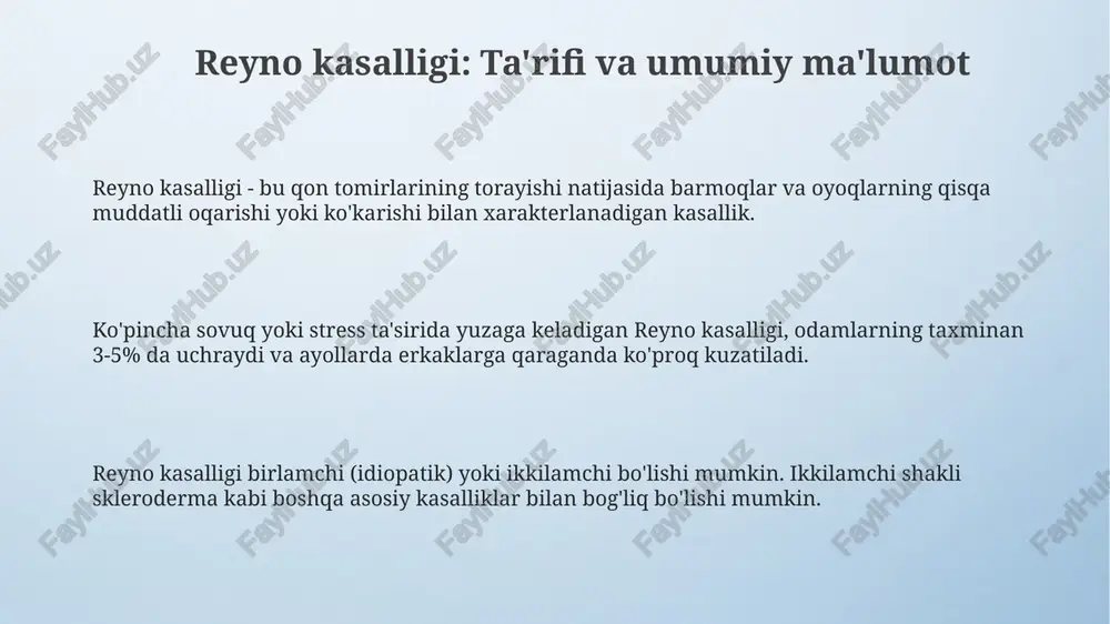 (ana) tekshiruvi odatda manfiy, buerger kasalligida esa 5% gacha bemorlarda ana pozitiv boʻlishi mumkin. buerger kasalligi bilan ogʻrigan bemorlarda oyoq-qo'l tomirlarida segmentar okklyuziyalar ko'rinadi, reyno kasalligida esa tomirlar tuzilishi odatda normal boʻladi, ammo vazospazm kuzatiladi. kapillyaroskopiya reyno kasalligini aniqlashda muhim rol o'ynaydi, unda kapillyarlarning g'ayritabiiy shakli yoki soni aniqlanadi, buerger kasalligida kapillyarozkopiya odatda o'zgarishsiz bo'ladi. davolash usullari: reyno kasalligi qon tomirlarini kengaytiruvchi preparatlar, misol uchun, prostasiklin analoglari (iloprost), og'ir hollarda qo'llanilishi mumkin, chunki ular periferik qon aylanishini yaxshilaydi, lekin infuziya orqali beriladi. reyno kasalligini davolashda kaltsiy kanal blokatorlari, masalan, nifedipin, qon tomirlarini kengaytirib, qon oqimini yaxshilash uchun 10-20 mg dozada ishlatiladi, lekin yon ta'sirlar nazorat qilinishi kerak. biologik teskari aloqa terapiyasi bemorga stressni boshqarish va qon tomirlarini ongli ravishda boshqarishni o'rgatadi, bu esa simptomlarning chastotasini 30-50% ga kamaytirishi mumkin. davolash usullari: buerger kasalligi buerger kasalligini davolashning asosiy usuli chekishni butunlay tashlashdir, chunki nikotin qon tomirlarining qisilishiga olib keladi, kasallikni og'irlashtiradi, …