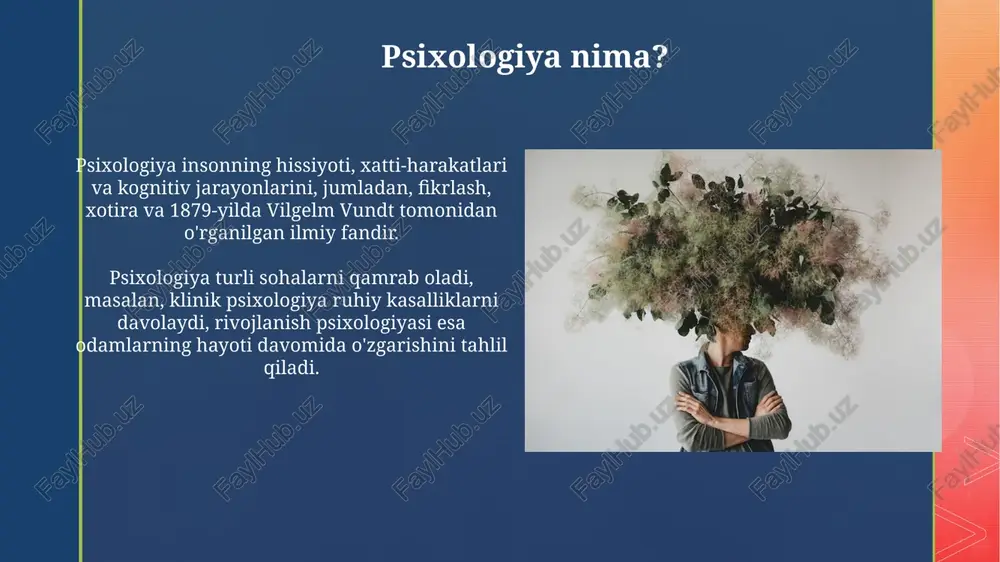 ni muhofaza qilish qoidalariga rioya qilishni nazorat qiladi. psixologik tadqiqot usullari kuzatuv usuli psixologiyada tabiiy sharoitda sub'ektlarning xatti-harakatlarini tizimli ravishda qayd etishni o'z ichiga oladi, bunda aralashuv minimal bo'ladi. so'rov usuli standartlashtirilgan savollar orqali katta hajmdagi ma'lumotlarni yig'ish imkonini beradi; namunalar reprezentativ bo'lishi statistik tahlil uchun muhim. psixologiyaning kundalik hayotdagi ahamiyati psixologik tamoyillar 1. biznesda xodimlarni motivatsiya qilish, mahsuldorlikni oshirish, 70% hollarda esa samarali marketing strategiyalarini yaratish uchun ishlatiladi. kundalik stressni boshqarish usullarini tushunish orqali biz salomatligimizni yaxshilashimiz mumkin; bu 60% stressni kamaytirishga olib keladi. e'tiboringiz uchun rahmat image4.png image5.jpg image6.jpg image7.jpg image8.jpg image9.jpg image10.jpg image11.jpg image12.jpg image13.jpg image14.jpg image15.jpg image16.jpg image1.png image2.png