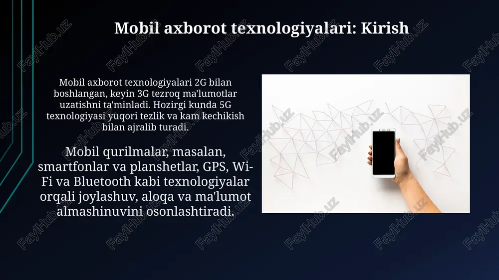 5-yilga kelib bemorlar uylarida virtual konsultatsiyalar va diagnostika xizmatlaridan foydalanish imkoniyatini oshiradi. mobil o'yin-kulgi mobil oʻyin-kulgi bozori 2023-yilda 100 milliard dollardan oshdi, bu esa smartfonlarning keng tarqalishi va 5g texnologiyasining rivojlanishi bilan bogʻliqdir. mobil oʻyinlarning 60% dan ortigʻi bepul oʻynaladigan (free-to-play) model asosida tarqatiladi, lekin oʻyin ichidagi xaridlar oʻyinchilarning daromadini oshiradi. mobil axborot texnologiyalarining kelajagi 6g aloqa texnologiyasi 2030-yilga kelib keng qo'llanilishi kutilmoqda, bu esa 1 tbps tezlikka erishish imkonini beradi va virtual reallik kabi ilovalarni rivojlantiradi. mobil qurilmalarda sun'iy intellekt (ai) chipslari integratsiyasi ortadi, bu esa qurilmalarning energiya samaradorligini 30% ga oshiradi va real vaqtda ma'lumotlarni tahlil qilishni ta'minlaydi. e'tiboringiz uchun rahmat image2.jpg image3.jpg image4.jpg image5.jpg image6.jpg image7.jpg image8.jpg image9.jpg image10.jpg image11.jpg image12.jpg image13.jpg