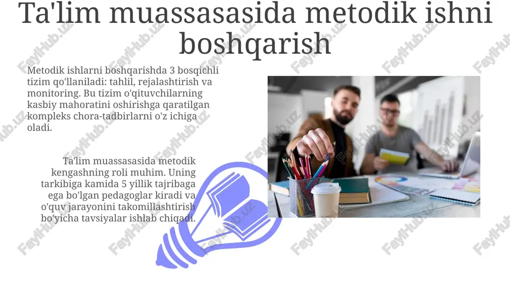 iyalarni joriy etish, amaliyotda yangi metodlarni sinab ko‘rish va ularning samaradorligini aniqlashga qaratilgan tadqiqot jarayonidir. tajriba-sinov jarayonida olingan natijalar statistik ma’lumotlar, kuzatuvlar, so‘rovnomalar va test natijalari orqali baholanadi, bu esa 70% ijobiy natija ko'rsatishi kerak. ilg'or pedagogik tajribani o'rganish va ommalashtirish ilg'or pedagogik tajribani o'rganishda 3 bosqichli tizim qo'llaniladi: tashxislash (1), loyihalashtirish (2) va amaliyotga joriy etish (3), sifatni oshirish maqsadida. pedagogik tajribani ommalashtirishda 5 xil usuldan foydalanish mumkin: seminar, konferensiya, nashr, vebinar, master-klass, ularning har biri o'ziga xos afzalliklarga ega. metodik ta'minot metodik ta'minot o'quv jarayonini 100% kafolatlaydi, darsliklar, o'quv qo'llanmalari va 5 ta zamonaviy o'qitish texnologiyalari bilan ta'minlashni o'z ichiga oladi. metodik ta'minot sifatini oshirish uchun har yili kamida 2 ta metodik tavsiya ishlab chiqiladi va pedagog xodimlarning 70% malakasini oshirish talab etiladi. metodik resurslar 01 02 metodik resurslar o'qituvchilarga 21-asr ko'nikmalarini rivojlantirish, yangi pedagogik texnologiyalarni qo'llash va dars samaradorligini oshirish uchun yordam beradi. sales 1st qtr 2nd …