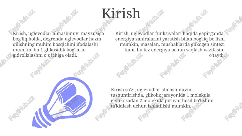ulasini hosil qilish uchun laktat, glitserol va aminokislotalar kabi uglevod bo'lmagan prekursorlardan foydalanadigan metabolik yo'ldir. jigar va buyraklar glyukoneogenezning asosiy joylari bo'lib, qonda glükoza miqdorini, ayniqsa ro'za tutish yoki mashq qilish paytida, 70 dan 100 mg/dl gacha ushlab turishda muhim rol o'ynaydi. glyukoneogenez glikolizning qaytar jarayoni emas, balki undan farq qiluvchi to'rtta ferment, jumladan piruvat karboksilaza va fruktoza-1,6-bisfosfataza orqali uchta qaytarilmas reaktsiyani aylanib o'tadi. uglevodlarning asosiy vazifalari uglevodlar, xususan, murakkab polisaxaridlar, oziq-ovqat tarkibida tolaning manbai bo'lib xizmat qiladi. tolalar hazm qilish tizimining sog'lig'ini saqlashga yordam beradi va qondagi qand miqdorini tartibga soladi. uglevodlar energiya manbai sifatida muhimdir, har bir grammi taxminan 4 kkal energiya beradi. glyukoza, asosiy yoqilg'i, atp hosil qilish uchun hujayralarda metabolizmga uchraydi. uglevodlar hujayra membranalarida glikoproteinlar va glikolipidlarni hosil qiladi. bu molekulalar hujayralararo aloqada, immun javobda va gormonlar retseptorlariga bog'lanishda muhim rol o'ynaydi. e'tiboringiz uchun rahmat image4.png image1.jpeg image2.jpeg image3.jpeg