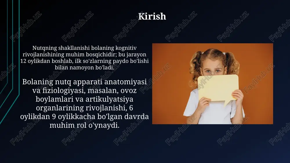 ngni ber”. bu davrda lug‘at boyligi tez sur’atlar bilan ortib boradi. nutqning ijtimoiy rivojlanishi nutqning ijtimoiy rivojlanishi 2 yoshdan 5 yoshgacha bo'lgan davrda ayniqsa tezlashadi, bolalar kattalar bilan muloqot orqali yangi so'zlarni o'zlashtiradilar. o'yin faoliyati nutqning ijtimoiy rivojlanishida muhim rol o'ynaydi, bolalar o'yin davomida turli rollarni bajarib, nutqdan foydalanishni o'rganadilar. nutqning buzilishlari va ularning sabablari dyslaliya, tovush talaffuzining buzilishi, ko'pincha 4-5 yoshgacha tuzatiladi, ammo genetik omillar yoki noto'g'ri artikulyatsiya sabab bo'lishi mumkin. dizartriya, asab tizimining shikastlanishi natijasida kelib chiqadi, nutq mushaklarini nazorat qilish qobiliyatining buzilishiga olib keladi va nutq aniqligini pasaytiradi. nutq terapevtining roli nutq terapevti erta yoshdagi bolalarda 0 dan 5 yoshgacha bo'lgan nutq va til rivojlanishini baholashda muhim rol o'ynaydi, muammolarni aniqlaydi. nutq terapevti bolaning artikulyatsiyasi (talaffuzi) buzilishini, 10 dan ortiq fonemani noto'g'ri talaffuz qilishini tuzatish uchun maxsus mashqlar o'rgatadi. ota-onalarning nutq rivojlanishiga ta'siri ota-onalarning kitob o'qishi, ayniqsa 0-3 yoshgacha, bolaning lug'at boyligini 30% gacha oshirishi mumkin, bu …