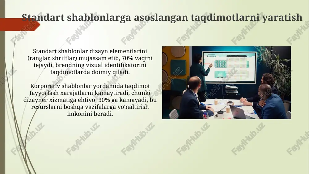 lashtirishga imkon beradi. taqdimotni pdf formatida eksport qilish uni universal ko'rinishda saqlashga yordam beradi, shriftlar va formatlash o'zgarishsiz qoladi va barcha qurilmalarda ochiladi. taqdimotni namoyish qilish usullari "prezentatsiyani namoyish qilishda "presenter view" rejimi ikki ekranni talab qiladi: biri auditoriya uchun, ikkinchisi notalar va navbatdagi slaydni ko'rish uchun qulay. interaktiv prezentatsiyalar uchun "zooming" va "highlighting" kabi vositalar diqqatni asosiy ma'lumotlarga qaratishga yordam beradi, auditoriyaning e'tiborini ushlab turish uchun 100% muhim. savollar va javoblar “savollar va javoblar” sessiyasi auditoriyaning tushunish darajasini baholash uchun muhimdir, 3-5 daqiqalik vaqt ajratib, asosiy tushunchalarni mustahkamlash imkonini beradi. interaktiv “savollar va javoblar” slaydlari prezentatsiyani qiziqarli qiladi; slaydlar orasida 1-2 ta savol-javob slaydlarini joylashtirish auditoriya e'tiborini saqlaydi. e'tiboringiz uchun rahmat image2.jpg image3.jpg image4.jpg image5.jpg image6.jpg image7.jpg image8.jpg image9.jpg image10.jpg image11.jpg image12.jpg image13.jpg