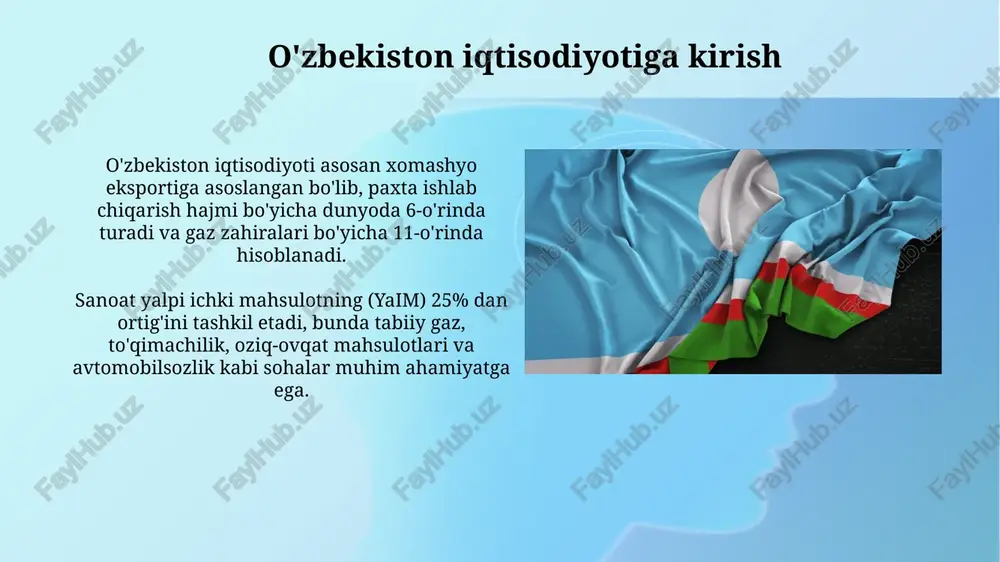 i. rasmiy bandlik agentliklari orqali ish topish darajasi pastligi (taxminan 10%), norasmiy sektorning keng tarqalganligi va ish beruvchilarning bevosita ishga qabul qilish amaliyoti tufayli namoyon bo'ladi. iqtisodiy islohotlar va rivojlanish strategiyalari 2017-2021 yillarda harakatlar strategiyasi biznes muhitini yaxshilashga qaratilgan, 2030 yilga qadar o'zbekiston yalpi ichki mahsulotini 2 baravar oshirish maqsadini belgilaydi. iqtisodiy islohotlar davlatning rolini kamaytirish, xususiylashtirishni kuchaytirish, raqobatni rivojlantirish, va investitsiya muhitini yaxshilash orqali o'sishni jadallashtirishga intiladi. iqtisodiyotning istiqbollari qishloq xo‘jaligini diversifikatsiya qilish orqali eksportni 2026-yilga borib 5 milliard dollarga yetkazish, yuqori qo‘shilgan qiymatli mahsulotlar ulushini oshirish maqsad qilingan. raqamlashtirishni keng joriy etish orqali yaim hajmini 2030-yilga kelib kamida 30 foizga oshirish, elektron tijorat va it xizmatlarini rivojlantirish ustuvor vazifa hisoblanadi. e'tiboringiz uchun rahmat image3.jpg image4.jpg image5.jpg image6.jpg image7.jpg image8.jpg image9.jpg image10.jpg image11.jpg image12.jpg image13.jpg image14.jpg image1.png