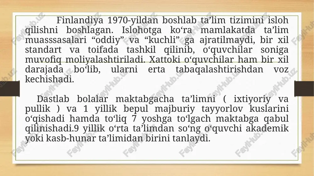 da qo‘llanilayotgan kembrij dasturlaridan ustunmi? nega aynan finlandiya, boshqa yuqori natijalarni ko‘rsatgan davlatlar emas? fin tajribasini qo‘llash orqali birdaniga natijaga erishib bo‘lmaydi. bunga asosiy sabab finlandiya bilan o‘zbekiston o‘rtasidagi tafovutlar mavjud: bulardan asosiysi finlandiya aholisi o‘zbeklarga nisbatan 6 barobar kamligi, etnik tarkibi va aholining oylik daromadi yuqoriligidir.bizda esa aksincha oylik daromadi o‘rtachadan past ko‘rsatkichda. yana finlandiyada maktab va o‘qituvchilarga “qamchi va shirinlik” strategiyasi qo‘llanilmaydi. ya’ni ularga mutlaqo avtonomiya va erkinlik berilgan bo‘lib, doimiy nazoratlar (davlat akkredatsiya va attestatsiya) ham o‘tkazilmaydi. maktablar oliy o‘quv yurtlariga tenglashtirilgan bo‘lib, o‘qituvchilar eng kamida magistr darajasida bo‘lishadiva jamiyatda o‘qituvchi maqomi ulug‘lanadi. bizda esa bu hol aksincha maktabdagi o‘qituvchilarning 30% o‘rta-maxsus va tugallanmagan oliy ma’lumotga ega. xulosa hozirda biz fin tajribasini amaliyotga joriy qilish ishlari davom etmoqda. aslida esa bizning vazifamiz fin modelini o‘zimizning ta’lim tizimiga moslashimiz va sohaga yetakchi, yuqori bilim-saviyaga ega kadrlarni jalb qilishdan iborat. e’tiboringiz uchun tashakkur! image7.jpeg image8.jpeg image9.jpeg image10.jpeg image11.jpeg image12.jpeg …