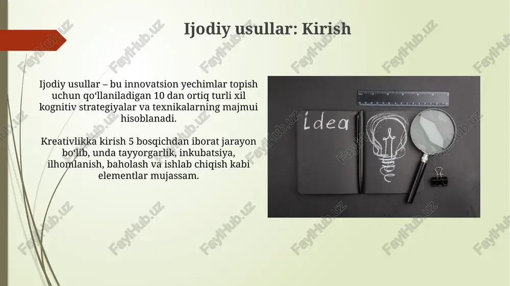 angan gʻoyalarni aks ettiradi. bu usul kognitiv funktsiyalarni kuchaytiradi, xususan, xotirani mustahkamlaydi va muammolarni hal qilish qobiliyatini oshiradi, shuningdek, fikrlar oʻrtasidagi bogʻliqlikni anglashga yordam beradi. sinestetika sinestetik tajriba, masalan, 5 raqamini ko'rganingizda qizil rangni his qilish, odamlarning taxminan 4 foizida uchraydi va irsiy omillar bilan bog'liq bo'lishi mumkin. grafema-rang sinesteziyasi eng ko'p uchraydigan turi bo'lib, unda harflar (grafemalar) yoki raqamlar avtomatik ravishda ma'lum ranglar bilan bog'lanadi; bu hodisa 100 kishidan 1 tasida kuzatiladi. analogiyalar usuli analogiyalar usuli 2 xil turga bo'linadi: bevosita analogiya (tabiatdan ilhomlanish) va shaxsiy analogiya (empatiya orqali muammoni hal qilish). bu 19-asrda rivojlangan, ijodiy yechimlarni topishda muhimdir. ushbu usul 3 bosqichdan iborat: muammoni aniqlash, analogiyani topish va yechimni yaratish. analogiyalar mavjud bilimlardan foydalanish orqali yangi g'oyalarni 4 karra tezroq shakllantirishga yordam beradi. ijodiy usullarni amaliyotga tatbiq etish ijodiy usullarni amaliyotga tadbiq etishda, brainstorming usuli 10-15 kishilik guruhda 30 daqiqa davomida erkin fikrlashni rag'batlantiradi. sinov va xatolik usuli, …