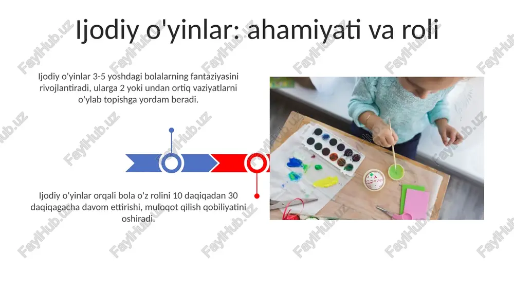 iyalardan foydalanish bolalar uchun mo'ljallangan planshetlardagi 5-7 yoshli bolalar uchun interaktiv o'yinlar, matematik tushunchalarni shakllantirishga yordam beradi va erta dasturlash ko'nikmalarini rivojlantiradi. 3d printerlardan foydalanib, bolalar ijodiy o'yinchoqlar va materiallar yaratishi mumkin, bu ularning makonni idrok etish qobiliyatini oshiradi va muhandislik fikrlashini rivojlantiradi. ota-onalar bilan hamkorlik ota-onalar bilan hamkorlik bolalarning ijodiy o'yin faoliyatini 3-5 yoshda qo'llab-quvvatlash uchun uyda o'yin muhitini yaratish bo'yicha treninglar o'tkazishni o'z ichiga oladi. har chorakda o'tkaziladigan ota-onalar yig'ilishlarida bolalarning ijodiy o'yinlari natijalari, masalan, loyihalar va rasmlar namoyish etiladi, bu ota-onalarni erta ta'limga jalb qiladi. ijodiy o'yinlar orqali rivojlanish sohalari ijodiy o'yinlar ijtimoiy-emotsional rivojlanishga ta'sir etadi, bolalar guruhda o'ynash, 7-8 xil his-tuyg'ularni ifodalashni o'rganadi. ijodiy o'yinlar nutqni rivojlantiradi, 3-4 yoshli bolalar lug'at boyligini 200-300 so'zga oshiradi, jumla tuzish qobiliyatini yaxshilaydi. muammolarni hal qilish va ijodiy yondashuvlar divergent fikrlash, miyaga hujum qilish kabi ijodiy usullar muammoni hal qilishda yangi g'oyalarni generatsiya qilishga yordam beradi, bu esa 75% hollarda …