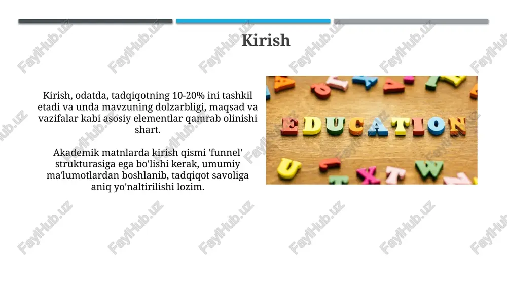 'lumotlar va 3-darajali misollardan foydalanadi. dalillar faktlar, statistika (masalan, 75% o'sish), tadqiqot natijalari yoki ekspertlarning fikrlari kabi aniq ma'lumotlardan iborat bo'lib, argumentni qo'llab-quvvatlaydi va uni ishonchli qiladi. tadqiqot metodologiyasi tadqiqot metodologiyasi 3 asosiy qismga bo'linadi: tadqiqot dizayni, ma'lumot to'plash usullari (so'rov, intervyu, kuzatuv) va statistik tahlil usullari, xususan, t-test va anova. tadqiqot metodologiyasida validlik (ichki va tashqi) va ishonchlilik (test-retest, ichki muvofiqlik) muhim ahamiyatga ega, bu 0.7 dan yuqori koeffitsientlar bilan o'lchanadi. natijalar va xulosalar "natijalar" bo'limida statistik tahlil natijalari, masalan, p qiymati (p < 0.05 ahamiyatlilik darajasini ko'rsatadi) kabi aniq raqamlar bilan taqdim etiladi. "xulosalar" bo'limi olingan natijalarning nazariy va amaliy ahamiyatini muhokama qiladi, tadqiqot savollariga javob beradi va kelajakdagi tadqiqot yo'nalishlarini belgilaydi. adabiyotlar ro'yxati adabiyotlar ro'yxati, ilmiy matnlarning muhim qismi, maqola, kitob yoki dissertatsiyadagi barcha foydalanilgan manbalarni aniq ko'rsatadi, plagiatning oldini oladi va 100% halollikni ta'minlaydi. adabiyotlar ro'yxati odatda muallifning familiyasi, nashr yili, maqola yoki kitobning nomi va …
