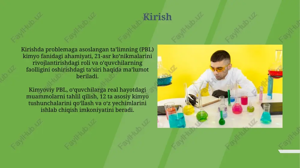 slangan o'qitish misollari: 2-misol talabalarga eritmadagi kimyoviy moddalarning konsentratsiyasini aniqlash muammosi beriladi, bu erda titrlash usuli 0.1 m hcl bilan ishlatiladi. talabalar kislota-asos titrlash reaktsiyasi asosida ma'lum bo'lmagan ishqorni neytrallash uchun zarur bo'lgan hcl hajmini hisoblashlari kerak. muammoga asoslangan o'qitish misollari: 3-misol talabalarga erigan kislorodning suv havzalariga ta'sirini o'rganish uchun ma'lumotlar to'plamini tahlil qilish vazifasi beriladi, bunda ular ph va harorat kabi omillarni o'rganadi. organik kimyo talabalari dori sintezining ko'p bosqichli usulini loyihalashlari kerak bo'lib, reaktivlar, mahsuldorlik va atrof-muhitga ta'sirini hisobga olishlari lozim. talabalarning faolligini oshirish strategiyalari guruh loyihalari faol ishtirokni ragʻbatlantiradi, bunda talabalar 70% oʻquv materialini oʻzlashtiradilar, mustaqil fikrlashni rivojlantiradilar va 3-4 kishilik guruhlarda hamkorlikda ishlashadi. munozaralarni oʻtkazish orqali talabalar faolligini oshirish mumkin. bu jarayon 25-30% materialni oʻzlashtirishga yordam beradi va 5 daqiqalik qisqa bahslar ham samara berishi mumkin. resurslar va materiallar kimyoviy moddalar xavfsizligi bo'yicha 16 bo'limdan iborat ma'lumotlar varaqalari (sds) talabalarga xavflarni tushunishga yordam beradi, bu esa …
