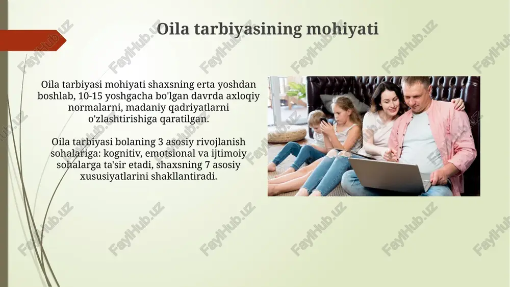 ichidagi kommunikatsiya uslublari, masalan, 70/30 qoidasi, bolaning shaxsiy rivojlanishiga katta ta'sir ko'rsatadi, uning o'ziga ishonchini shakllantiradi. ota-onalarning hissiy intellekti (eq) darajasi, ayniqsa 8 yoshgacha, bolaning ijtimoiy ko'nikmalarini rivojlantirishda 60% gacha muhim rol o'ynaydi. oila tarbiyasidagi xatolar va ularning oqibatlari haddan tashqari erkalatish, 1-bosqich bolalikda talabchanlikning yetishmasligi, mustaqillikni rivojlantirmaydi, natijada 10-12 yoshda shaxsiy inqirozga olib kelishi mumkin. jazolashning haddan tashqari qo'llanilishi, ayniqsa 5-7 yoshda, bolada qo'rquvni shakllantiradi, o'ziga ishonchni yo'qotadi va erta nevrozlarga sabab bo'lishi mumkin. oila tarbiyasida ota-ona namunasining ahamiyati ota-onaning 1-namunasi bolaga ta'sir etadi, shuning uchun ular doimo 100% adolatli bo'lishi kerak, bu esa ishonch va hurmatni shakllantiradi. ota-onalar 2-sifatni, masalan, sabr-toqatni namoyish etishlari kerak, chunki 7 yoshgacha bo'lgan bolalar xatti-harakatni ko'rish orqali o'rganadilar. oila tarbiyasida axloqiy me'yorlar oilada 12 ta asosiy axloqiy me’yorlar mavjud bo’lib, ularga hurmat, mehr-oqibat, adolat, va sadoqat kabi insoniy fazilatlar kiradi. “odobli bola – el ichida aziz” maqoli oilaviy tarbiyaning 7 muhim qoidasini aks …