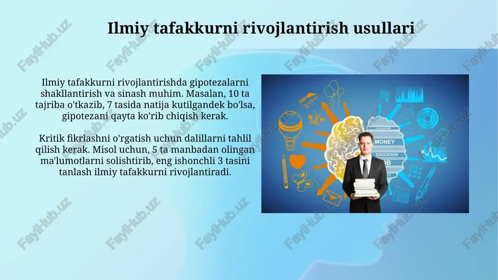 lishi va vizual vositalardan foydalanishi muhim ahamiyatga ega. ilmiy hamkorlik va aloqa ilmiy hamkorlik, tadqiqotchilar o'rtasidagi 75% gacha bo'lgan muvaffaqiyatli loyihalarga olib keladi, bunda axborot almashinuvi va tajriba almashish muhim ahamiyatga ega. ochiq fan aloqasi orqali tadqiqot natijalari keng tarqalib, 90% gacha ko'proq iqtiboslarga erishiladi va ilmiy taraqqiyot tezlashadi. doimiy o'rganish va yangilikka intilish doimiy o'rganish - bu 10-20% vaqtni yangi bilimlarga sarflash, 3 oylik maqsadlar qo'yish va har hafta muhim maqolalarni o'qish orqali rivojlanadi. yangi g'oyalarni izlashda, kamida 5 xil sohadagi 2 ta yangi kitobni o'qish va har yili 1 ta yangi ko'nikmaga ega bo'lish orqali innovatsiyalarni oshiring. e'tiboringiz uchun rahmat image2.png image3.jpg image4.jpg image5.jpg image6.jpg image7.jpg image8.jpg image9.jpg image10.jpg image11.jpg image12.jpg image13.jpg image14.jpg image1.png