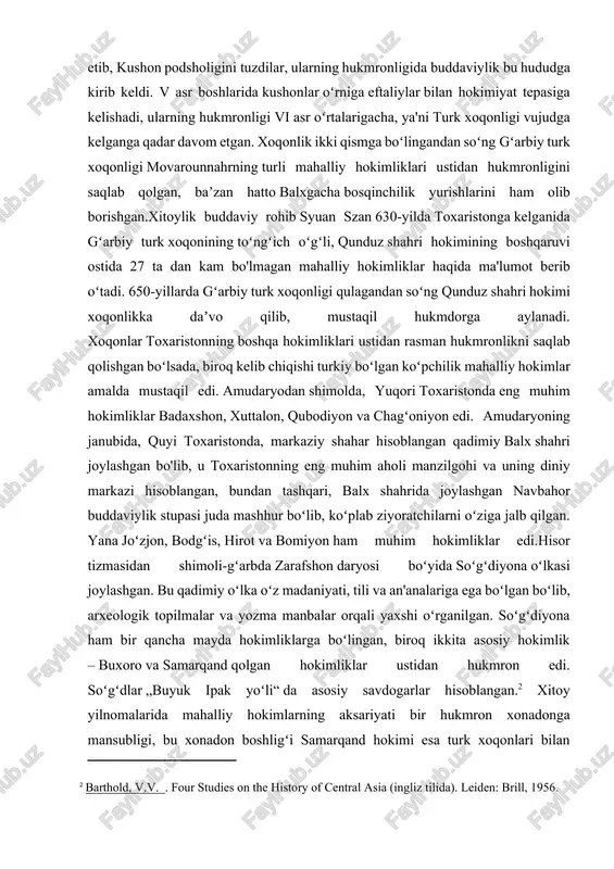 ga kelganga qadar davom etgan. xoqonlik ikki qismga boʻlingandan soʻng gʻarbiy turk xoqonligi movarounnahrning turli mahalliy hokimliklari ustidan hukmronligini saqlab qolgan, baʼzan hatto balxgacha bosqinchilik yurishlarini ham olib borishgan.xitoylik buddaviy rohib syuan szan 630-yilda toxaristonga kelganida gʻarbiy turk xoqonining toʻngʻich oʻgʻli, qunduz shahri hokimining boshqaruvi ostida 27 ta dan kam bo'lmagan mahalliy hokimliklar haqida ma'lumot berib oʻtadi. 650-yillarda gʻarbiy turk xoqonligi qulagandan soʻng qunduz shahri hokimi xoqonlikka daʼvo qilib, mustaqil hukmdorga aylanadi. xoqonlar toxaristonning boshqa hokimliklari ustidan rasman hukmronlikni saqlab qolishgan boʻlsada, biroq kelib chiqishi turkiy boʻlgan koʻpchilik mahalliy hokimlar amalda mustaqil edi. amudaryodan shimolda, yuqori toxaristonda eng muhim hokimliklar badaxshon, xuttalon, qubodiyon va chagʻoniyon edi. amudaryoning janubida, quyi toxaristonda, markaziy shahar hisoblangan qadimiy balx shahri joylashgan bo'lib, u toxaristonning eng muhim aholi manzilgohi va uning diniy markazi hisoblangan, bundan tashqari, balx shahrida joylashgan navbahor buddaviylik stupasi juda mashhur boʻlib, koʻplab ziyoratchilarni oʻziga jalb qilgan. yana joʻzjon, bodgʻis, hirot va …