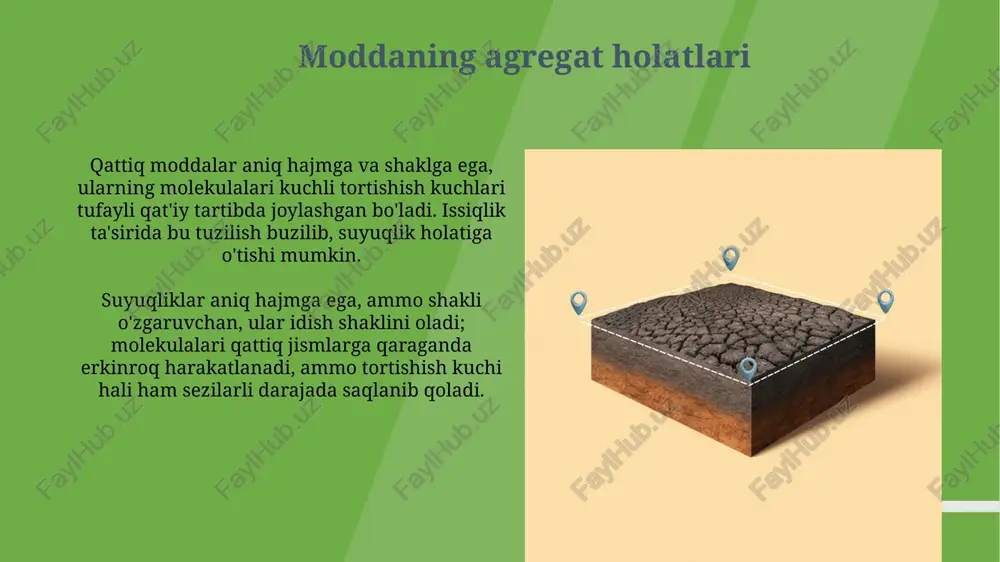 iqarilishi (ekzotermik) bilan kechadi. birinchi turdagi faza o'tishlari (suyuqlanish, qaynash) issiqlik yutilishi yoki chiqarilishi bilan xarakterlanadi, bunda entalpiya va hajm kabi termodinamik funksiyalar keskin o'zgaradi. qaynash qaynash - suyuqlikning bug'lanishi, uning butun hajmida sodir bo'ladi va harorat ma'lum bir nuqtaga, ya'ni qaynash nuqtasiga yetganda 100 daraja selsiyga teng bo'ladi. qaynash harorati atmosfera bosimi bilan bog'liq; bosim oshishi bilan qaynash nuqtasi ham ortadi, chunki molekulalar orasidagi bog'lanish 1 atm dan yuqori bosimda kuchayadi. erish erisning diametri taxminan 2326 kilometrni tashkil etadi, bu uni plutondan biroz kichikroq qiladi, uning hajmi quyosh tizimining chekka hududlarida turli xil muz moddalarining zichligi bilan bog'liq. erisning sirt harorati taxminan -217 dan -243 daraja selsiygacha o'zgarib turadi, uning orbitasi quyoshdan juda uzoqda joylashganligi sababli, bu erda azot va metan muzlari mavjud bo'lishi mumkin. muzlash muzlash - bu moddaning suyuq fazadan qattiq fazaga o'tishi, bunda molekulalar kinetik energiyasini yo'qotib, kristall panjaraga aylanadi, harorat muzlash nuqtasiga yetishi shart. muzlash …