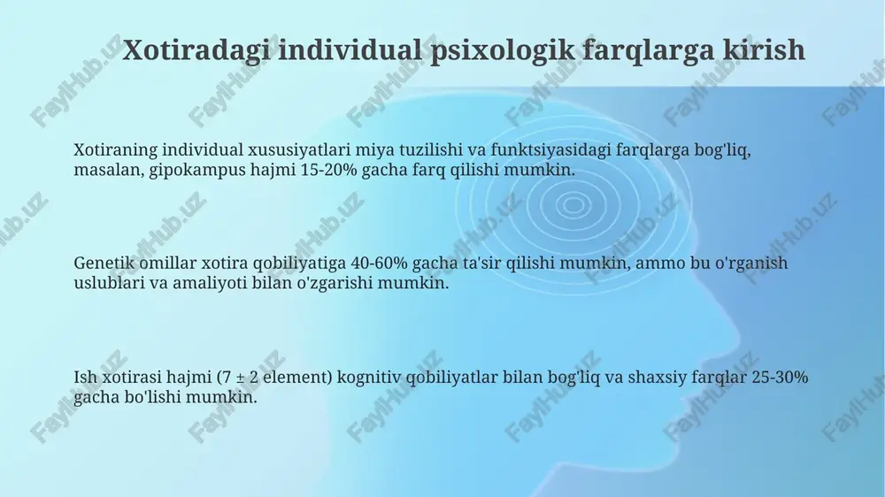shga bog'liq xotira o'zgarishlari keksalik davrida epizodik xotira pasayishi kuzatiladi, ayniqsa voqealarni eslashda qiyinchiliklar paydo bo'ladi, bu esa miyadagi fiziologik o'zgarishlar, masalan, hippokampning qisqarishi bilan bog'liq. ishchi xotira hajmi yoshga qarab kamayadi, ayniqsa murakkab vazifalarni bajarishda, bunda ma'lumotni saqlash va qayta ishlash qobiliyati 60 yoshdan keyin sezilarli darajada susayadi. semantik xotira, ya'ni faktlar va bilimlar xotirasi, ko'pincha nisbatan yaxshi saqlanib qoladi, lekin ma'lumotni chaqirib olish tezligi sekinlashishi mumkin, bu esa 70 yoshdan oshganlarda ko'proq seziladi. nevrologik omillar va xotira neyrotransmitterlar, masalan, atsetilxolin va dopamin xotira jarayonlarida muhim rol o'ynaydi; atsetilxolin xotirani kodlash va tiklashga yordam beradi, yetishmovchiligi esa altsgeymer kasalligi kabi holatlarda 30-40% xotira yo'qotishiga olib kelishi mumkin. hippokampusning hajmi va faolligi xotiraning samaradorligiga ta'sir qiladi; tadqiqotlar shuni ko'rsatadiki, kattaroq hippokampus spatial xotira vazifalarida 15-20% yaxshiroq natijalarni ko'rsatishi mumkin. prefrontal korteks ishchi xotirada hal qiluvchi ahamiyatga ega bo'lib, ma'lumotni taxminan 5-9 elementgacha saqlashga imkon beradi; uning disfunksiyasi diqqat va kognitiv …