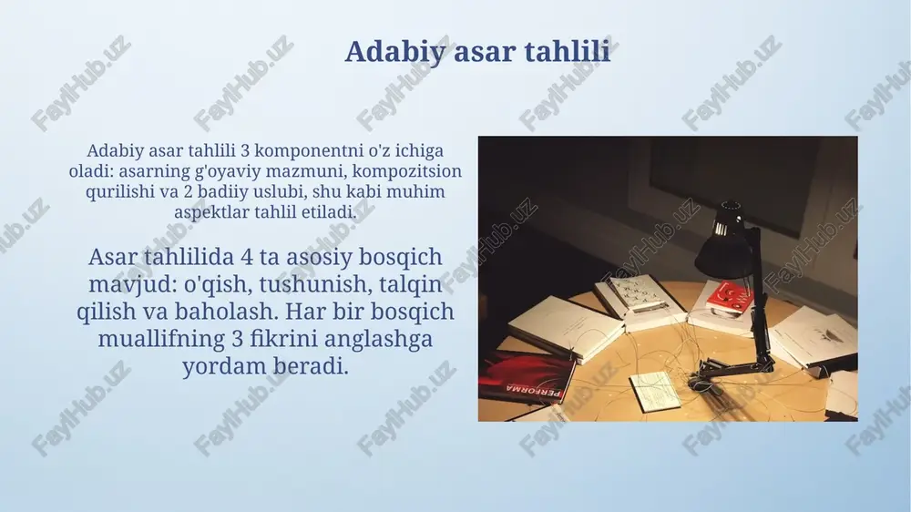 ib, asar elementlarining o'zaro munosabatlarini, masalan, syujet va obrazlar tizimini tadqiq qiladi. idrokning psixologik asoslari idrokning psixologik asoslari sezgi a'zolari orqali ta'sirlarni qabul qilish va ularni miyada 0.1 soniyadan 0.5 soniyagacha saqlash xususiyatiga bog'liq. idrokda assotsiatsiya muhim, ya'ni oldingi tajriba bilan yangi ma'lumotlar o'rtasida bog'liqlik 7 ± 2 ta elementdan oshmasligi kerak. adabiy asarni talqin qilish adabiy asarni talqin qilishda 3 asosiy bosqich bor: 1)matnni tushunish, 2) kontekstni baholash, 3) shaxsiy interpretatsiyani shakllantirish, bu esa tahlilning asosini yaratadi. talqin jarayoni 4 ta elementdan iborat: muallif niyati, matn tuzilishi, o'quvchi tajribasi, va madaniy kodlar. bularning sintezi adabiy asarni anglash imkonini beradi. muallif pozitsiyasi muallif pozitsiyasi 19-asr adabiyotida keng tarqalgan bo‘lib, yozuvchining asardagi voqealarga, qahramonlarga bo‘lgan shaxsiy munosabatini aks ettiradi. adabiyotshunoslikda muallif pozitsiyasi badiiy asar mohiyatini 2 xil talqin qilish imkonini beradi: ob’ektiv voqelik va sub’ektiv baholash (ijtimoiy-siyosiy qarashlar). badiiy obrazlilik badiiy obrazlilik – bu adabiy asarning asosiy xususiyati bo'lib, unda 100% …