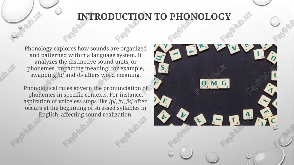 uster reduction (e.g., saying 'poon' for 'spoon'). a common phonological process is 'fronting,' where back sounds like /k/ are replaced with front sounds like /t/, so 'car' becomes 'tar.' this process is usually resolved by age 3; persistent fronting indicates a disorder. applications of phonology phonology is crucial in speech therapy, aiding in the diagnosis and treatment of articulation disorders by identifying patterns in mispronounced sounds and improving pronunciation in 70% of cases. foreign language teaching utilizes phonological awareness to improve pronunciation by focusing on contrasting phonemes. it helps learners distinguish between 43 english phonemes, minimizing errors. thank you for your attention image2.png image5.jpg image6.jpg image7.jpg image8.jpg image9.jpg image10.jpg image11.jpg image12.jpg image13.jpg image14.jpg image3.png