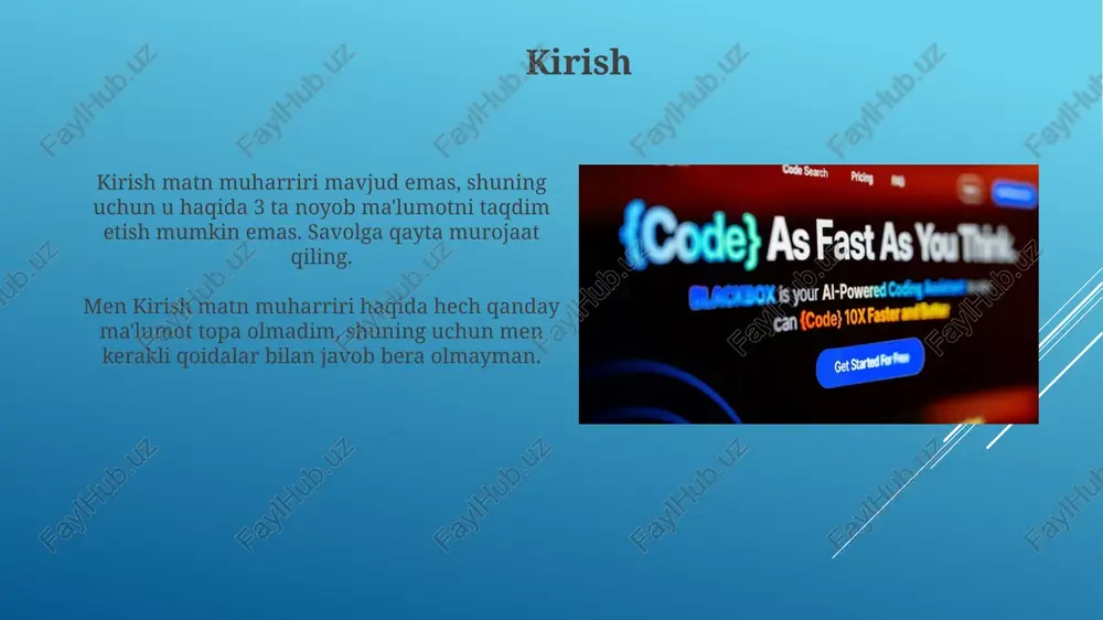 amonaviy muharrirlar lazy loading kabi optimallashtirish usullaridan foydalanadi, bunda faylning faqat bir qismi yuklanadi, bu esa katta hajmdagi matnlar bilan ishlashda 50% gacha tezlikni oshiradi. ko'pgina muharrirlar sinxron bo'lmagan input/output (i/o) dan foydalanadi, bu esa foydalanuvchi interfeysining sezgirligini saqlagan holda, katta hajmdagi fayllarni 30% gacha tezroq o'qish va yozish imkonini beradi. kelajak tendentsiyalari kelajakda matn muharrirlari real vaqt rejimida 95% aniqlik bilan avtomatik ravishda kodni to'ldirish va xatolarni tuzatish imkoniyatiga ega bo'ladi. ai yordamida matn muharrirlari 2025-yilga kelib dasturchilar uchun 70% gacha tezroq kod yozish va tahrirlash imkoniyatini ta'minlaydi. xulosa xulosa matn muharrirlarining asosiy maqsadini ta’kidlaydi: kod yozish, tahrirlash va optimallashtirish jarayonlarini soddalashtirish, natijada dasturchi unumdorligi 20-30% ga oshishi mumkin. zamonaviy muharrirlar avto-to'ldirish, sintaksisni ta'kidlash va xatolarni tuzatish kabi funksiyalarni taklif etadi, bu esa 50 dan ortiq dasturlash tillarini qo'llab-quvvatlaydi va samaradorlikni oshiradi. e'tiboringiz uchun rahmat image1.png image2.jpg image3.jpg image4.jpg image5.jpg image6.jpg image7.jpg image8.jpg image9.jpg image10.jpg image11.jpg image12.jpg image13.jpg