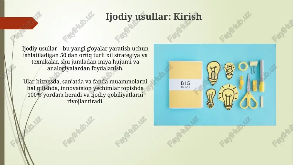 inesteziyaning kamida 60 xil turi mavjud, eng keng tarqalgan turi - grafema-rang sinesteziyasi bo'lib, unda harflar yoki raqamlar 1 dan 9 gacha bo'lgan o'ziga xos ranglar bilan bog'liq. rol o'ynash (role-playing) roll o'ynash simulyatsiyalarda, ishtirokchilar muayyan vaziyatda 1 yoki undan ortiq rolni qabul qiladilar, ularning xatti-harakatlari maqsadga yo'naltirilgan bo'lib, ijodiy echimlarni izlashga yordam beradi. biznes treningda rolli o'yinlar xodimlarga mijozlar bilan munosabatlarni, muzokaralarni 80% ko'proq samarali o'tkazishga, nizolarni hal qilish va yetakchilik ko'nikmalarini rivojlantirishga yordam beradi. ijodiy usullarni amaliyotda qo'llash "muzqaymoq erishi" usuli, 5 daqiqalik guruhli mashq bo'lib, muammoni hal qilish uchun erkin fikrlashni rag'batlantiradi hamda 3 tagacha yechim variantini yaratishga undaydi. "6 qalpog'li fikrlash" texnikasi 6 xil nuqtai nazardan (emosiya, faktlar, optimizm) vaziyatni baholashni talab etadi, natijada 10 dan ortiq muhim qarorlar qabul qilinishi mumkin. xulosa va tavsiyalar xulosa qismida tadqiqotning 3 asosiy natijasini qisqacha ta'kidlang va ularning amaliy ahamiyatini 2-3 jumla bilan izohlang, maqsadga erishilganini ko'rsating. tavsiyalarda keyingi …