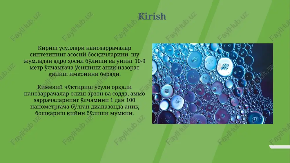 katalizator yordamida ishlatiladi. kimyoviy bugʻ choʻktirish (cvd) usuli, gazsimon prekursorlarni issiq substrat yuzasida parchalash orqali 5 dan 50 nm gacha boʻlgan nanozarrachalarni hosil qilish uchun keng qoʻllaniladi. kimyoviy bugʻ choʻktirish (cvd) cvd jarayoni 400 dan 1600 daraja selsiygacha bo'lgan yuqori haroratda gazsimon prekursorlardan qattiq materiallarning kimyoviy reaksiyasi orqali nanoburchalarni hosil qiladi. cvdda metallorganik birikmalar, metall galogenidlar va gidridlar kabi prekursorlar nanoburchalarning o'sishi uchun zarur bo'lgan reaktiv turlarni ta'minlaydi, odatda inert muhitda. fizikaviy bugʻ choʻktirish (pvd) pvd jarayonida material atom darajasida manbadan substratga o'tkaziladi, bu esa 1 nm dan 100 nm gacha bo'lgan yuqori sifatli nanoqoplamalar hosil qilish imkonini beradi. pvd usullari, masalan, sputtering va bug'lanish, vakuum sharoitida amalga oshiriladi, bu esa ifloslanishni kamaytiradi va nazorat qilinadigan o'sish tezligini ta'minlaydi, odatda 0.1 dan 10 nm/s gacha. biologik sintez biologik sintez, 1-100 nanometr o'lchamdagi nanomateriallarni ishlab chiqarish uchun tirik organizmlar, masalan, bakteriyalar, zamburug'lar va o'simliklardan foydalanadi. mikroorganizmlar metall ionlarini kamaytirishi mumkin, bu …