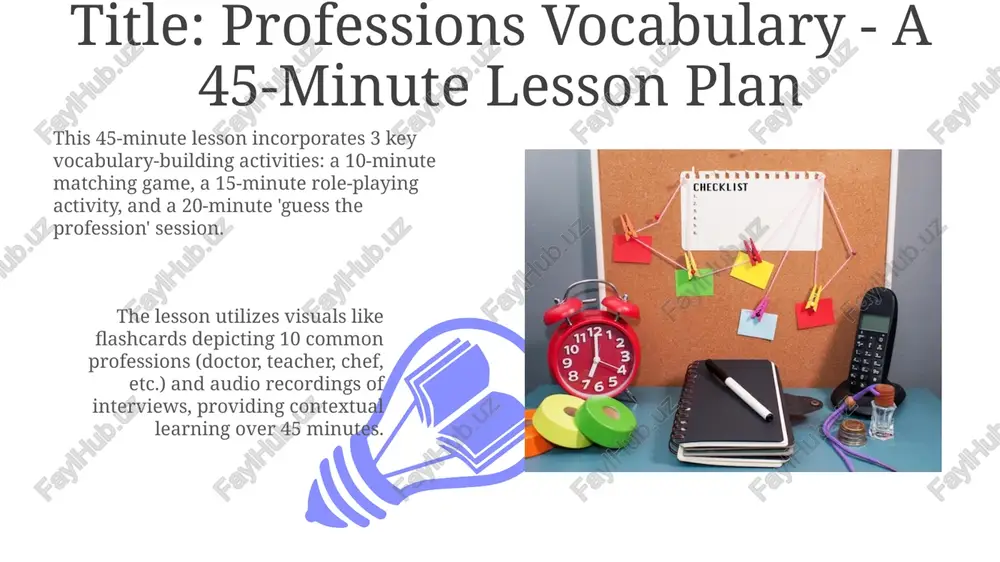 eraction and deductive reasoning with profession vocabulary. assessment/wrap-up (5 mins) employ a quick "two truths and a lie" activity. students share three "facts" about a profession, with two being accurate and one fabricated; 1-2 minutes are allocated for this task. utilize a "think-pair-share" activity focusing on three new profession-related vocabulary words learned. allocate two minutes for individual thought and sharing with a partner, ensuring engagement. differentiation & extension activities for differentiation, implement tiered vocabulary lists: level 1 includes 10 basic profession words, level 2 has 15 words with simple definitions, and level 3 contains 20 words with contextual examples. extension activities involve students creating a 2-minute presentation on a profession of their choice using at least 5 vocabulary words, focusing on duties, skills, and required education. potential challenges & solutions 01 02 learners might struggle with abstract professions; using visuals like job-site photos (around 8-10 images) and simple definitions can …