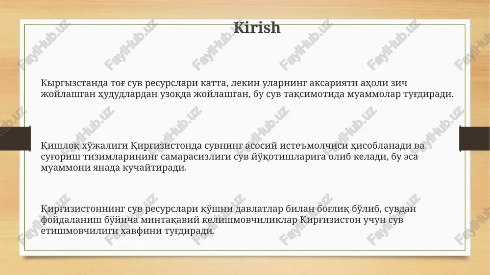 dalanishni tartibga solish va suv narxlarini oshirish orqali suv resurslaridan oqilona foydalanishni rag'batlantirish kerak, chunki bu 15-25% talabni kamaytirishi mumkin. e'tiboringiz uchun rahmat image3.png image4.png
