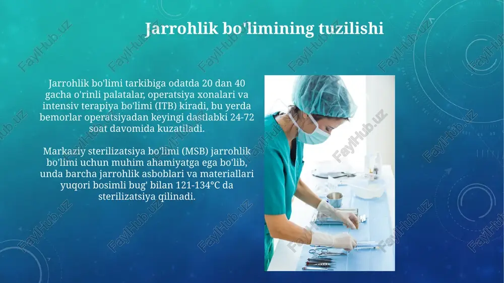 , masalan, opioidlar yoki nsaidlar, bemorning og'riq darajasiga qarab individual ravishda dozalanadi va boshqariladi. erta harakatlanish va nafas olish mashqlari operatsiyadan so'ng asoratlarni kamaytiradi. har kuni kamida 3-4 marta o'pka funktsiyasini yaxshilash va qon aylanishini rag'batlantirish tavsiya etiladi. tez yordam jarrohligi "tez yordam jarrohligi" bo'limi og'ir shikastlangan yoki kasallik bilan og'rigan bemorlarga zudlik bilan jarrohlik yordam ko'rsatish uchun 24/7 faoliyat yuritadi. tez yordam jarrohligida jamoa a'zolari intensiv terapiya, reanimatsiya, anesteziologiya, operatsiya hamshirasi va boshqa mutaxassislarni o'z ichiga oladi, bunda jarrohlik amaliyotlar muvaffaqiyatli bajariladi. rejalashtirilgan jarrohlik rejalashtirilgan jarrohlik amaliyotlari, masalan, xolesistektomiya, oldindan rejalashtiriladi va odatda 1-2 kunlik tekshiruvdan so'ng, bemorning ahvoli barqaror bo'lganda o'tkaziladi. rejalashtirilgan jarrohlik bo'limida bemorlar operatsiyadan oldingi tayyorgarlikdan o'tadi, bu esa operatsiya xavfini kamaytirishga va muvaffaqiyat darajasini 95% gacha oshirishga yordam beradi. jarrohlik asboblari va materiallari jarrohlik asboblari, masalan, 10-pichoq va mayo qaychilari, to'qimalarni kesish uchun ishlatiladi, ularning har biri o'ziga xos kesish texnikasi va sohalarida qo'llaniladi. tikuv …