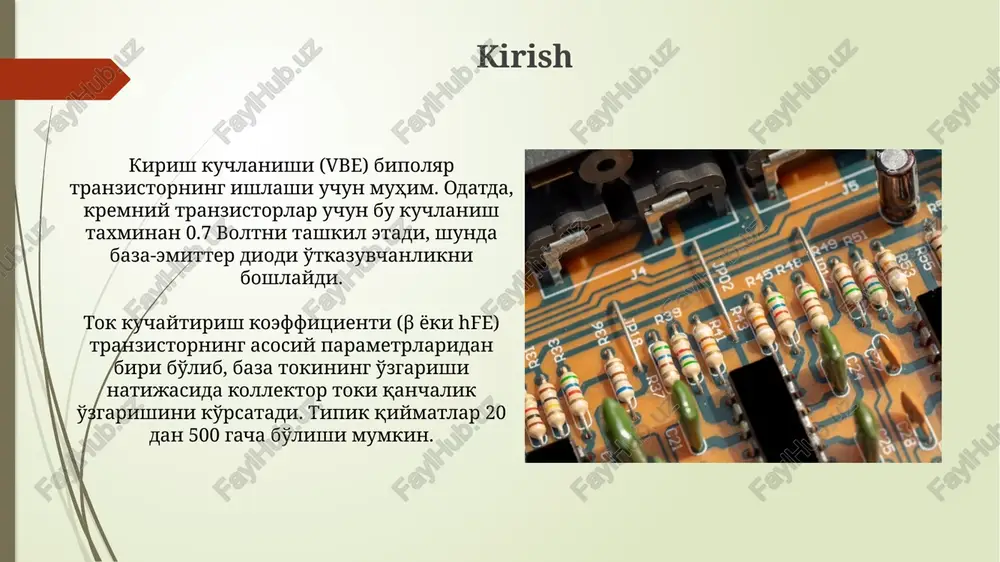 icmax) transistorning buzilishiga olib kelishi mumkin bo'lgan eng yuqori oqim qiymatini ifodalaydi, bu ko'rsatkich ishlab chiqaruvchi tomonidan ta'minlanadi va oshib ketmasligi kerak. e'tiboringiz uchun rahmat image1.png image2.jpg image3.jpg image4.jpg image5.jpg image6.jpg image7.jpg image8.jpg image9.jpg image10.jpg
