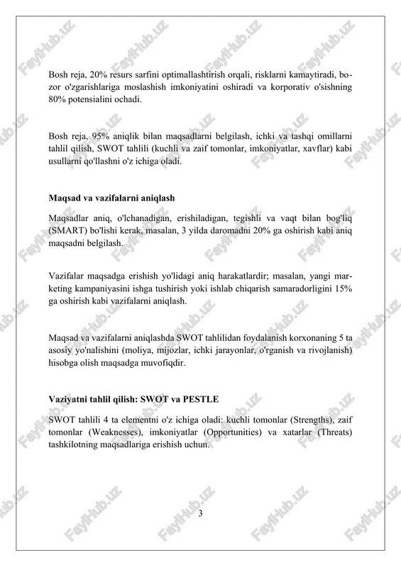 uhim 20% resurslar bizning maqsadlarimizning 80% ga erishish uchun strategik jihatdan ajratilishi kerak. 50 dan ortiq resurslarimizni baholash, xarajat-foyda tahlilini o'tkazish va 10 dan kamroq asosiy resurslarimizga ustuvor ahamiyat berish kerak. resurslarni taqsimlashda cpm (critical path method) dan foydalanib, loyihaning 12 oylik muddati davomida 3 asosiy yo'nalishni aniqlash va resurslarni shunga moslashtirish lozim. moliyaviy rejalashtirish va byudjetlashtirish moliyaviy rejalashtirishda aktivlar va majburiyatlar balansini tuzish muhim, bu kompaniyaning 3-5 yillik istiqboldagi moliyaviy barqarorligini prognoz qilish imkonini beradi. byudjetlashtirish jarayonida har bir bo'linma uchun xarajatlar smetasi tuziladi, bu esa resurslarni 12 oylik davrga aniq taqsimlash va nazorat qilishni ta'minlaydi. investitsiya loyihalarini baholashda npv (net present value) va irr (internal rate of return) kabi ko'rsatkichlar hisoblanadi, bu loyihaning rentabelligini aniqlashga yordam beradi. operatsion rejalashtirish operatsion rejalashtirish – bu 1-3 oylik qisqa muddatli davrga mo'ljallangan bo'lib, mavjud resurslardan foydalanishni optimallashtirish orqali ishlab chiqarish yoki xizmatlarni muvofiqlashtiradi. uskunalar, xodimlar, materiallar kabi resurslarni samarali taqsimlashni ta'minlash …