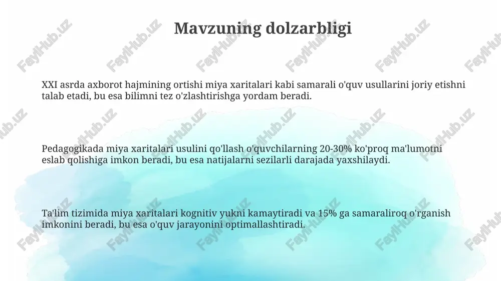 'quvchilarning bilimlarini 1.5 barobarga oshiradi, o'qituvchilar uchun samarali dars rejalashtirish imkonini beradi. aqliy xaritalash o'quvchilarning 21-asr ko'nikmalarini, jumladan, tanqidiy fikrlash va muammolarni yechish qobiliyatini rivojlantirishga yordam beradi, bu esa pedagogik vazifadir. ta'limda aqliy xaritalash o'quv jarayonini 30% ga tezlashtiradi, ma'lumotlarni eslab qolish darajasini oshiradi va o'quvchilarda motivatsiyani shakllantiradi. aqliy xaritalashning ta'limiy texnologiyalardagi o'rni aqliy xaritalash o'quvchilarda 21-asr ko'nikmalarini, jumladan, kreativ fikrlash va muammolarni hal qilish qobiliyatini rivojlantirishning samarali usuli hisoblanadi. ushbu metod o'quv jarayonini vizuallashtirish orqali materialni 30% gacha yaxshiroq eslab qolishga yordam beradi va o'quvchilarni faol ishtirok etishga undaydi. aqliy xaritalash 1970-yillarda tony buzan tomonidan ishlab chiqilgan bo'lib, ma'lumotlarni tashkil etish va g'oyalarni bog'lash uchun markaziy g'oyadan tarqaladigan tuzilmani yaratadi. aqliy xaritalashni qo'llash bo'yicha amaliy maslahatlar asosiy g'oyani markazga joylashtiring va 3-5 ta asosiy tarmoqlarni yarating; har bir tarmoq asosiy mavzuni ifodalaydi va aniq, qisqa so'zlardan foydalaning. g'oyalarni vizual tarzda aks ettiring: rasmlar, belgilar va ramzlardan foydalaning; 80% vizual …