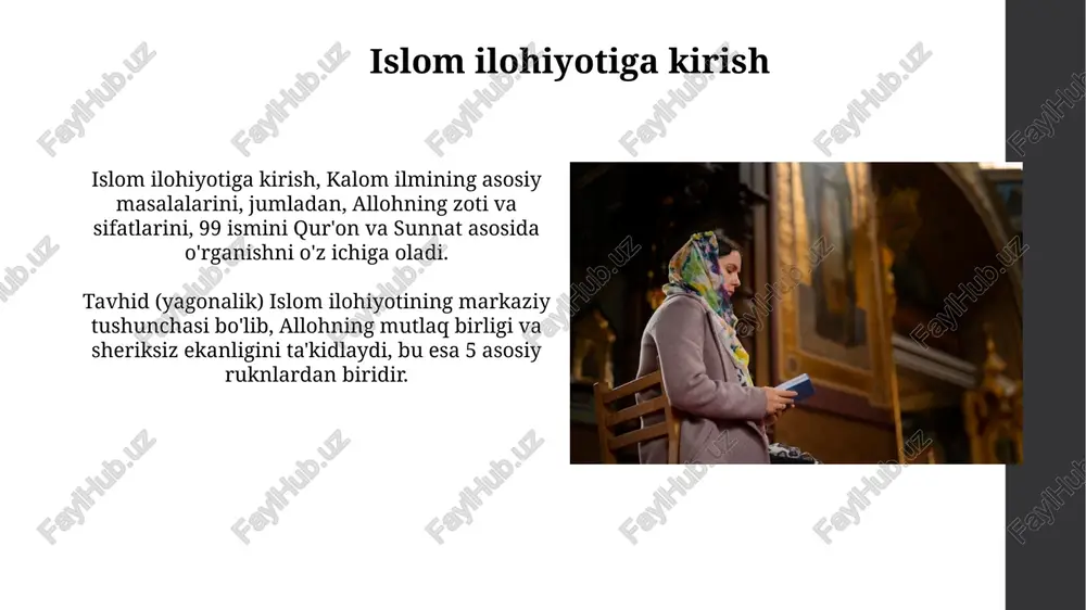da islom falsafasi va ilohiyoti usmoniylar davrida kalom ilmi rivojlanib, aqida masalalari chuqur o'rganildi; masalan, al-g'azzoliyning asarlari 16-asrda keng tarqaldi, asosan, ash'ariylar yo'nalishida. tasavvuf falsafasi ibn arabiyning vahdat al-vujud ta'limoti asosida rivojlandi, ayniqsa 17-asrda, bu esa ilohiy birlikni anglashga qaratilgan falsafiy yondashuv edi. zamonaviy islomiy tafakkur va falsafiy muammolar zamonaviy islomiy tafakkur gender tengligi masalalarini o'rganadi, 21-asr da'vatlari asosida, ayollarning jamiyatdagi rolini 3 xil yondashuv bilan tahlil qiladi. islom falsafasida ekologik muammolar muhim ahamiyatga ega, chunki 5 ta asosiy manba tabiatga bo'lgan munosabatni shakllantiradi va 10 yillik o'zgarishlarni ko'rsatadi. e'tiboringiz uchun rahmat image2.jpg image3.jpg image4.jpg image5.jpg image6.jpg image7.jpg image8.jpg image9.jpg image10.jpg image11.jpg image12.jpg image13.jpg