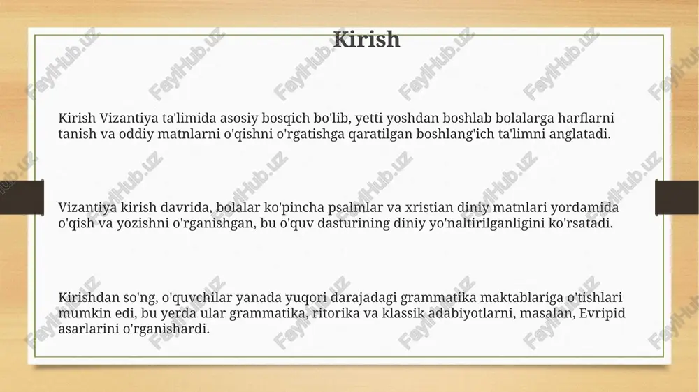 gan, bu fanlar antik merosning bir qismi edi. o'qituvchilar va talabalar o'qituvchilar odatda yuqori maosh olmagan, lekin hurmatga sazovor bo'lgan; ko'plab ustozlar shaxsiy mablag'lari evaziga talabalarga bilim berishga intilishgan, bu esa ularning erta faoliyati uchun muhim edi. talabalar orasida turli tabaqa vakillari bo'lgan, lekin oliy ta'lim olish imkoniyati ko'proq boy oilalarning farzandlariga nasib etgan, chunki ta'lim olish uchun mablag' zarur bo'lgan. ba'zi o'qituvchilar, ayniqsa, ritorika va falsafa sohasida dars beradiganlar, shahar amaldorlari tomonidan maosh olgan, bu esa 6-asrda imperator farmoni bilan tartibga solingan edi. vizantiya ta'limining merosi vizantiya monastirlari kitob yozish va saqlash markazlari boʻlib, minglab qoʻlyozmalarni nusxalash va saqlash orqali bilimni tarqatishda muhim ahamiyatga ega edi. vizantiya taʼlim tizimi klassik matnlarni saqlashda muhim rol oʻynadi, ayniqsa aristotel va platonning asarlari, bu esa renessans davriga taʼsir koʻrsatdi. vizantiya taʼlimi huquqshunoslikka katta eʼtibor qaratgan holda imperatorlik boshqaruvi uchun kadrlarni tayyorlashga yoʻnaltirilgan, shuningdek, diniy taʼlimga ham alohida urgʻu bergan. xulosa vizantiya taʼlimi …