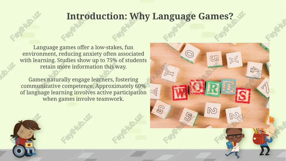 these games, retaining up to **70% more verbal information**. examples of effective language games running dictation boosts all 4 skills: reading a text, writing it down accurately, listening to instructions, and speaking to teammates. games like this greatly reinforce language acquisition. “two truths and a lie” enhances speaking and listening. students formulate 2 true statements and 1 false one, promoting accurate grammar and vocabulary application in their delivery. practical implementation tips incorporate 10-15 minute language game segments into your 50-minute lesson plans, targeting specific skills like vocabulary using miming or grammar practice through sentence-building activities. use a 'gradual release' model: begin with teacher-led examples, progressing to paired activities and, ultimately, independent game play to foster student autonomy at level 3. conclusion: the power of playful learning language games cultivate 4 crucial skills – reading, writing, listening, and speaking – enhancing students' overall communicative competence by up to 30% through engaging …