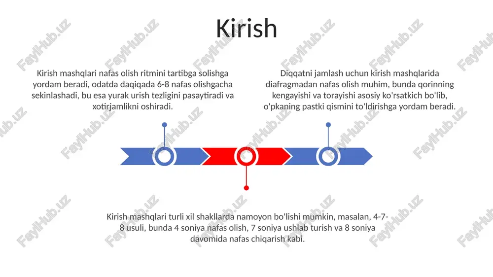 ni kamaytirish qobiliyatini rivojlantiradi. “qorin bilan nafas olish” o'yini, 1 dan 10 gacha sanab, qorinni to'ldirish va bo'shatish orqali diafragmani mustahkamlaydi, nafas olish texnikasini yaxshilashga yordam beradi. kattalar uchun nafas mashqlari o'yinlari kattalar uchun nafas mashqlari o'yinlari stressni kamaytirishga yordam beradi, miya faoliyatini yaxshilaydi va yurak urishini 60-100 marta bir daqiqada normallashtiradi. ushbu o'yinlar chuqur nafas olish, diafragmatik nafas olish kabi texnikalarni o'rgatadi, bu esa o'pka sig'imini 15-20% ga oshirishga yordam beradi. nafas mashqlari o'yinlari xotirani yaxshilashga, diqqatni jamlashga yordam beradi va 7-8 soatlik uyqu sifatini oshirishi mumkin. diafragmatik nafas olish texnikasi, qorin nafas olish deb ham ataladi, yurak urish tezligini 4-6 marta sekinlashtirib, parasimpatik asab tizimini faollashtiradi va stress gormonlarini kamaytiradi. nafas olish o'yinlari o'pka hajmini 10-15 foizga oshirishi mumkin, bu esa qonga ko'proq kislorod etkazib beradi va miya faoliyatini yaxshilaydi, shu bilan birga stressni kamaytiradi. 4-7-8 nafas olish usuli – bu oson, ammo kuchli texnika boʻlib, 4 soniya …