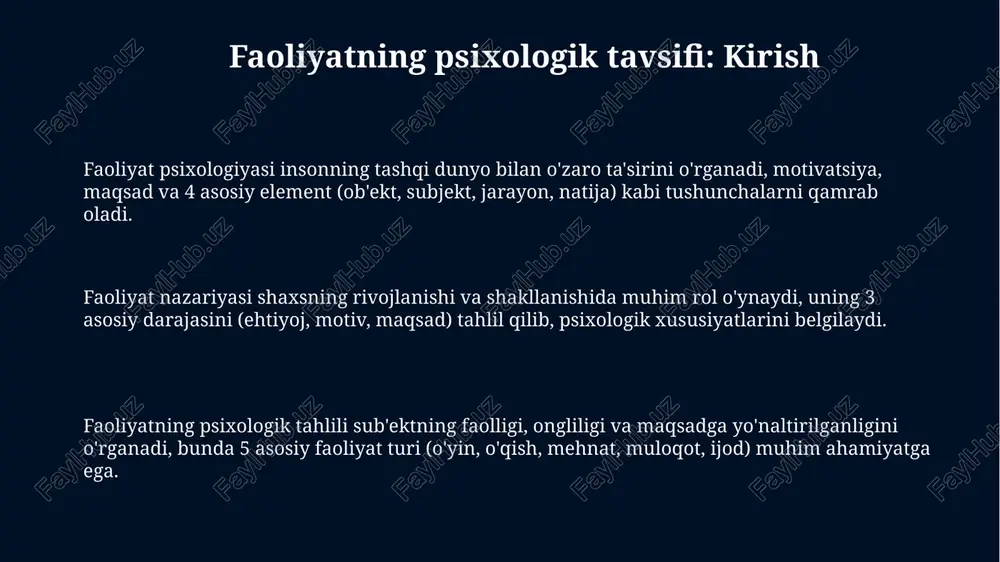 shaxs o'zgarishi faoliyatga ta'sir qiladi, faoliyatdagi o'zgarishlar esa shaxsga yangi talablar qo'yadi. taxminan 60% shaxsiy rivojlanish faoliyatga bog'liq. faoliyatning rivojlanishi va shakllanishi o'smirlik davrida faoliyatning shakllanishi kasbiy yo'nalishga bog'liq bo'lib, 15-17 yoshda o'quv faoliyati bilan birga mehnat faoliyatining elementlari paydo bo'ladi, kelajak kasbga qiziqish ortadi. faoliyat rivojlanishi erta bolalikdan boshlanadi, 1-3 yoshda predmetlar bilan manipulyatsiya orqali sezgi-harakat koordinatsiyasi shakllanadi, bu keyingi kognitiv rivojlanish uchun asosdir. faoliyatning rivojlanishi kattalar davrida davom etadi, 25-40 yoshda professional mahorat oshadi, yangi vazifalarni bajarish orqali kompetensiyalar kengayadi, shuningdek, 50 yoshdan keyin ham o'zgarishlar bo'lishi mumkin. faoliyatda ongli va ongsiz jarayonlar ongli jarayonlar maqsadli faoliyatda muhim rol o'ynaydi, masalan, 10 qadamli rejani tuzish. ongsiz jarayonlar esa, avtomatlashgan 7 ta harakatni boshqaradi. faoliyatda ongli nazorat 90% holatda maqsadga yo'naltirilgan bo'lsa, ongsiz jarayonlar 10% resurslarni tejashga yordam beradi, misol uchun, nafas olish. ongli jarayonlar 5 ta hissiy organ orqali axborotni qabul qilib, uni qayta ishlaydi. ongsiz jarayonlar esa …