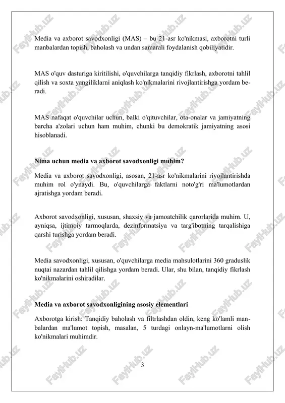 lementlarini 2 soatlik modul sifatida qo'shish strategiyasi mavjud. o'quv dasturiga integratsiya uchun fanlararo yondashuv qo'llaniladi: tarix, fuqarolik jamiyati va informatika fanlarida media tahlili uchun 10% vaqt ajratiladi. 5-sinfdan boshlab media va axborot savodxonligi kompetensiyalarini shakllantirish uchun 3 ta amaliy mashg'ulotlar bilan ta'minlash va baholash tizimini ishlab chiqish zarur. o'qituvchilarning roli va tayyorgarligi o'qituvchilar, 21-asr ko'nikmalariga moslashtirilgan o'quv dasturlarini samarali joriy etish uchun, media va axborot savodxonligi bo'yicha professional rivojlanishdan o'tishlari zarur. pedagoglar tanqidiy fikrlash, axborotni tahlil qilish, manbalarni baholash kabi muhim ko'nikmalarni o'zlashtirishlari, bu orqali o'quvchilarga namuna bo'lishlari va ularni o'rgatishlari shart. o'qituvchilarning tayyorgarligi davomida zamonaviy texnologiyalardan foydalanish, raqamli resurslarni integratsiya qilish va o'quvchilarni onlayn xavfsizlikka o'rgatish bo'yicha treninglar bo'lishi kerak. baholash usullari baholash usullari o'quvchilarning axborotni tahlil qilish qobiliyatini aniqlash uchun testlar (masalan, 10-ballik tizim) orqali baholanishi mumkin, bu qobiliyat 8-sinfdan boshlab o'rgatiladi. ijodiy loyihalar (infografika, video), baholash mezonlari (5 ta asosiy element) bilan birga, o'quvchilarning tanqidiy fikrlash va …