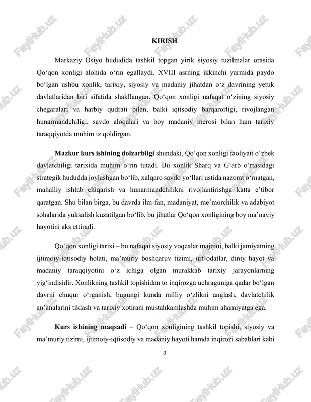 tida shakllangan bo'lsa-da, shohruhbiyning vafotidan so'ng uning o'g'li abdurahim (1722-1734) davrida ancha kengaydi. abdurahim davrida xonlik shimoliy farg'ona vodiysidagi ko'plab aholi punktlarini o'z ichiga oldi va mustaqil siyosat yurita boshladi. qo'qon xonligining chinakam yuksalishi abdurahimning o'g'li abdukarim (1734-1750) va uning vorisi erdonabiy (1750-1769) davrlariga to'g'ri keladi. erdonabiy qo'qonni xonlikning poytaxtiga aylantirdi va shaharni kengaytirish bo'yicha katta qurilish ishlarini amalga oshirdi. bu davrda xonlik chegaralari sezilarli darajada kengaydi, iqtisodiy va harbiy salohiyati oshdi. norbo'tabiy (1769-1800) hukmronlik qilgan davr qo'qon xonligi tarixida alohida o'rin tutadi. u davrida xonlik hududlari yanada kengayib, toshkent va chimkent viloyatlari ham xonlik tarkibiga qo'shib olindi. shuningdek, bu davrda qo'shni davlatlar bilan diplomatik aloqalar rivojlandi, savdo-sotiq kuchayib, madaniy hayot yanada faollashdi. xix asrning birinchi yarmida qo'qon xonligiga olimxon (1800-1809), umarxon (1809-1822) va muhammadalixon (1822-1842) kabi hukmdorlar boshchilik qildilar. bu davr xonlikning eng qudratli va gullab-yashnagan davri hisoblanadi. ayniqsa, umarxon davrida madaniyat va adabiyot rivojlandi, ko'plab madaniy inshootlar qurildi, …