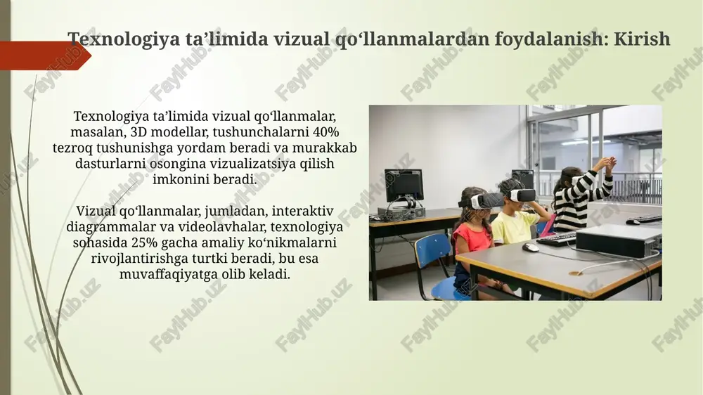 hini aniqlashda muhim ahamiyatga ega. baholashda 5 ballik likert shkalasidan foydalanish, talabalarning darsga bo'lgan munosabatini (qiziqish, ishtiyoq) aniqroq o'lchash va natijalarni taqqoslash imkonini beradi. muammolar va ularni bartaraf etish texnologiya taʼlimida vizual vositalarning samaradorligini baholashda 20% koʻproq oʻquvchilar tushunmovchilik tufayli qiyinchiliklarga duch kelishlari mumkin. dasturiy taʼminot bilan bogʻliq muammolarni bartaraf etishda 3 bosqichli yechim muhim: aniqlash, tahlil qilish va 10 daqiqa ichida mos yechimni qoʻllash. xulosa va kelajakdagi yoʻnalishlar texnologiya taʼlimida vizual vositalardan foydalanishning yakuniy natijalari 75% gacha yaxshilanishni koʻrsatdi, kelajakda ar/vr integratsiyasi bilan yanada oshirish mumkin. 2024-yilgi tadqiqotlar vizual metodlar bilan oʻqitishda 60% tushunish darajasiga erishilganini aniqladi, kelajakda moslashtirilgan kontentni ishlab chiqishga urgʻu beriladi. e'tiboringiz uchun rahmat image2.jpg image3.jpg image4.jpg image5.jpg image6.jpg image7.jpg image8.jpg image9.jpg image10.jpg image11.jpg image12.jpg image13.jpg