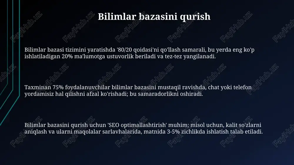 k samaradorlikni aniqlash uchun, har chorakda o'lchash vaqti o'rtacha 20% kamaygan bo'lsa, bu yaxshi ko'rsatkich ekanligini bildiradi. bilimlar bazasi orqali muammolarni hal qilish darajasi 75% dan oshsa, bu, qo'llab-quvvatlash xarajatlarini sezilarli darajada 10% kamaytiradi. e'tiboringiz uchun rahmat image1.png