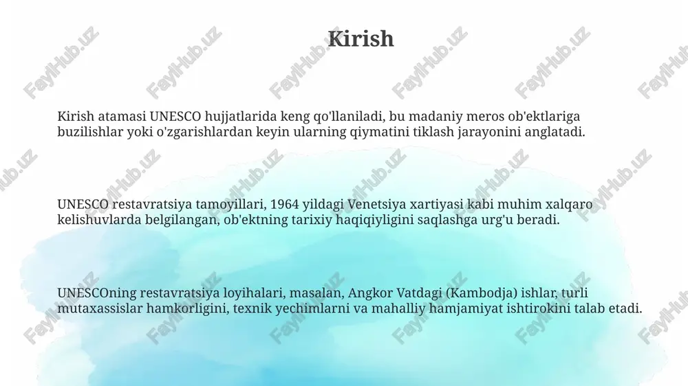 ynalarni o'rnatish maqsadga muvofiq. biologik zararkunandalarga qarshi kurash muhim. muzeylarda hasharotlar va kemiruvchilarni nazorat qilish uchun integratsiyalashgan zararkunandalarga qarshi kurash (ipm) dasturlari qo'llaniladi, bunda xavfli kimyoviy moddalardan kamroq foydalaniladi. konstruktiv mustahkamlash uglerod tolali polimerlar (utp) kabi zamonaviy materiallar 21-asrda konstruktiv mustahkamlash uchun ishlatiladi, ular yengil va korroziyaga chidamli afzalliklarga ega. konstruktiv mustahkamlashda 1960-yillardan beri qo'llanilgan temir-beton qoplamalar kabi usullar binoning yuk ko'tarish qobiliyatini sezilarli darajada oshiradi. statik yuklarni baholash va 3d modellashtirish kabi muhandislik tahlillari konstruktiv mustahkamlash loyihalarining muvaffaqiyatli amalga oshirilishida muhim rol o'ynaydi. o'ziga xoslikni saqlash o'ziga xoslikni saqlashda 1972-yilgi butunjahon merosi konventsiyasi muhim, u noyob madaniy va tabiiy obyektlarni himoya qilish uchun xalqaro hamkorlikni ta'minlaydi. madaniy o'ziga xoslikni asrash 2003-yilgi nomoddiy madaniy merosni muhofaza qilish konventsiyasi orqali ham qo'llab-quvvatlanadi, bu an'analarni asrashga qaratilgan. unesconing 1954-yilgi qurolli to'qnashuvlar holatida madaniy boyliklarni himoya qilish konventsiyasi madaniy o'ziga xoslikni urush davrida saqlash uchun huquqiy asos yaratadi. muvaffaqiyatli yunesko restavratsiya loyihalari: misollar …